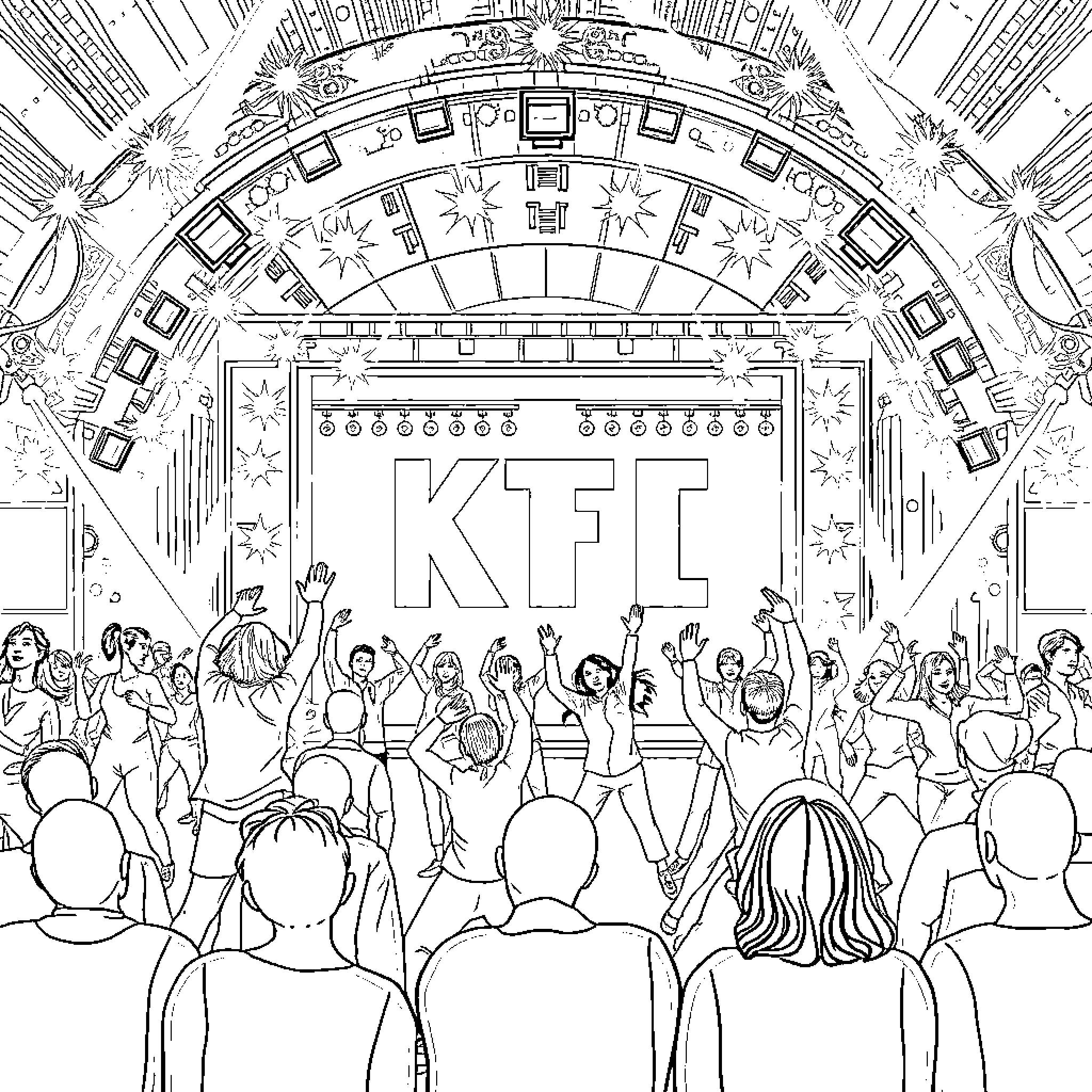 K Pop Enthusiasts Cheering at a Vibrant Concert Coloring Page (free black-and-white line drawing printable PDF for all, from beginners to advanced learners, including children, teens, adults, and seniors)