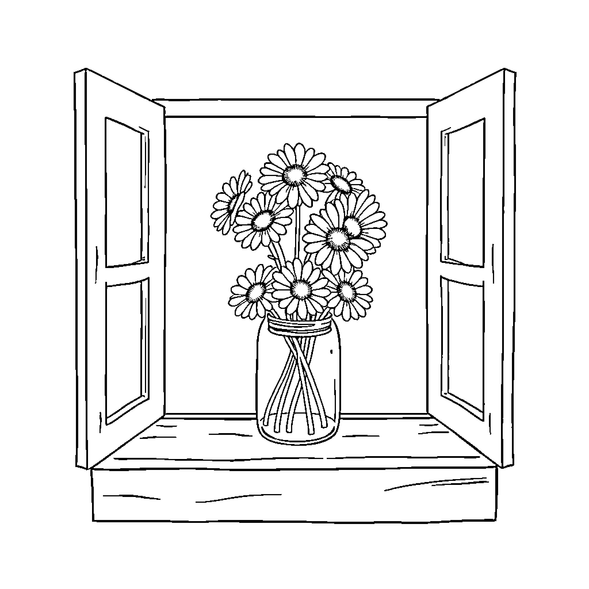 Window with a vase of flowers Coloring Page (free black-and-white line drawing printable PDF for all, from beginners to advanced learners, including children, teens, adults, and seniors)