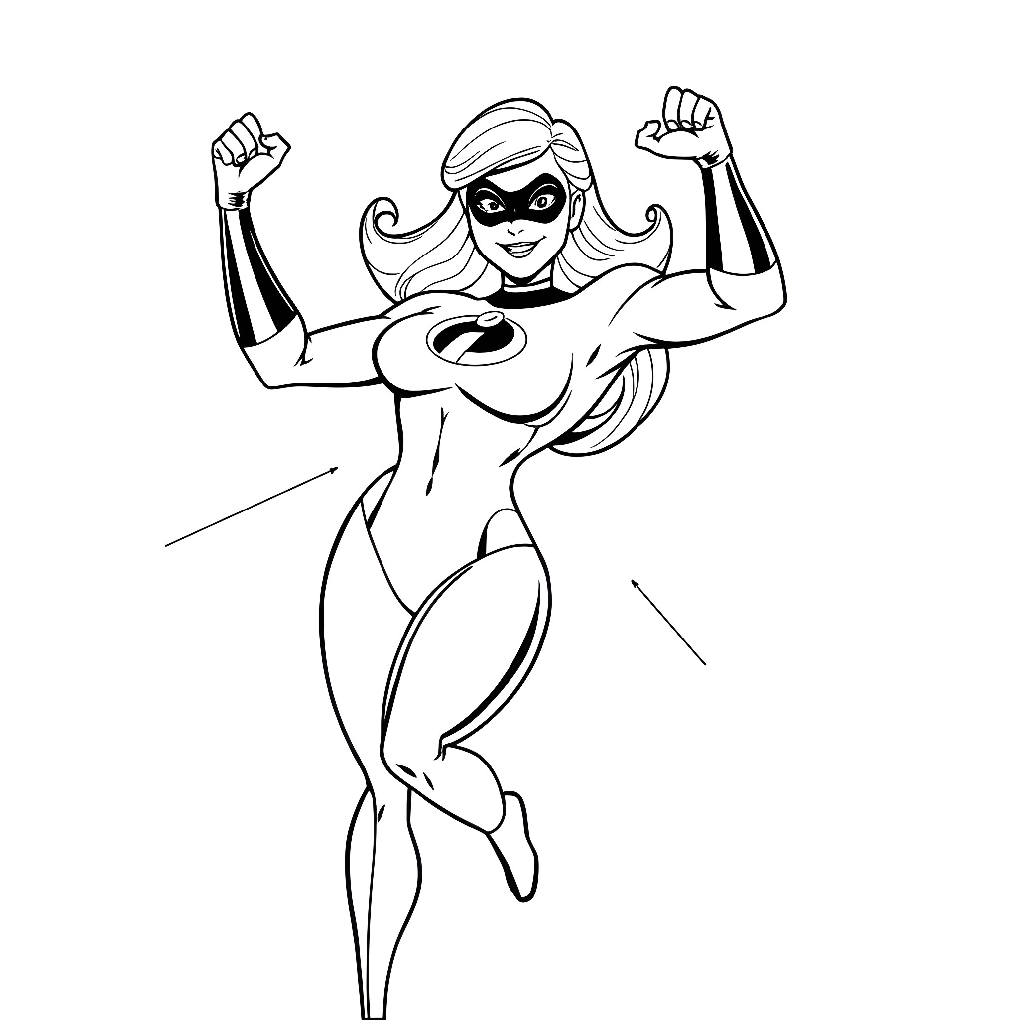 Mrs. Incredible in action pose Coloring Page (free black-and-white line drawing printable PDF for all, from beginners to advanced learners, including children, teens, adults, and seniors)