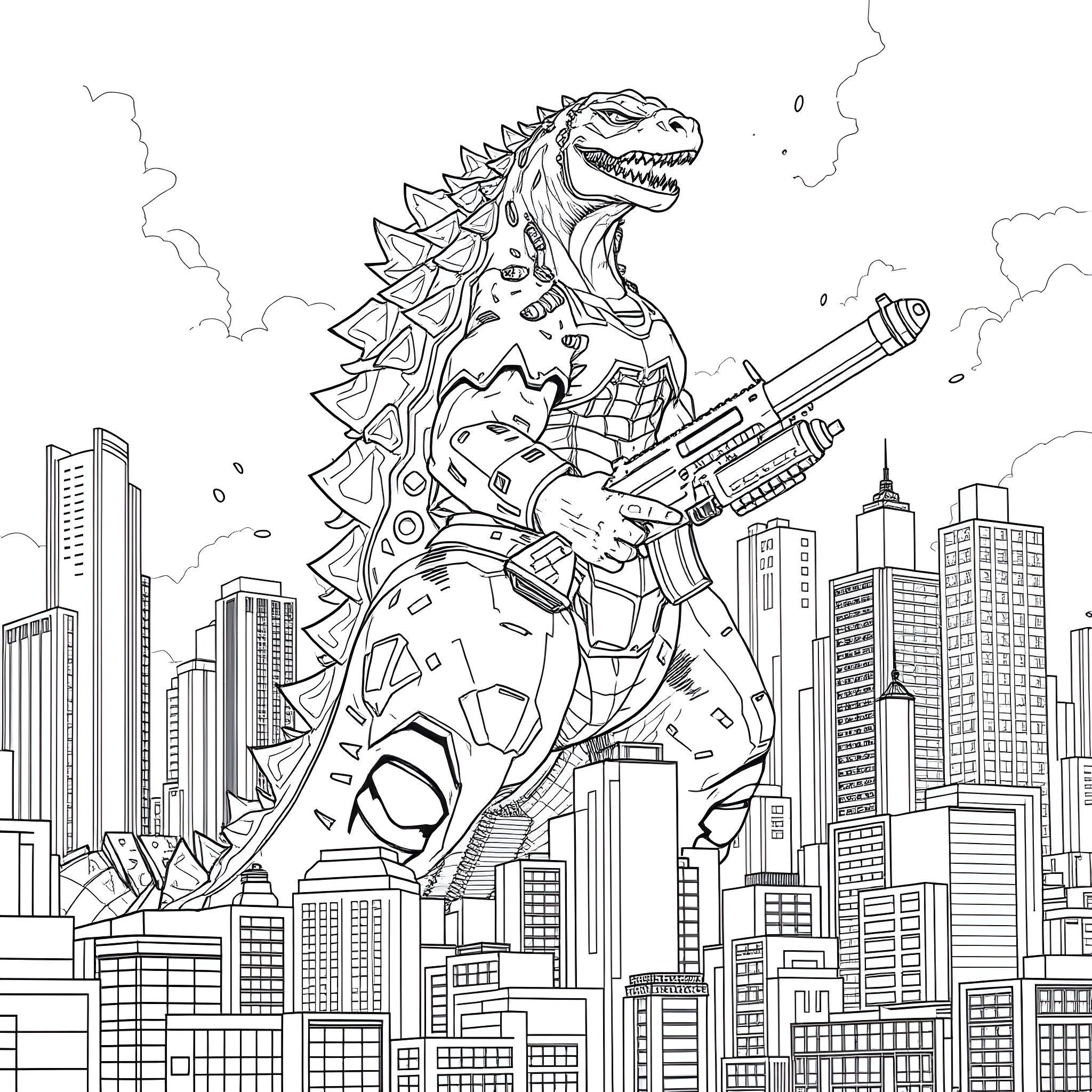 Godzilla rampaging through the city with a rocket launcher Coloring Page (free black-and-white line drawing printable PDF for all, from beginners to advanced learners, including children, teens, adults, and seniors)