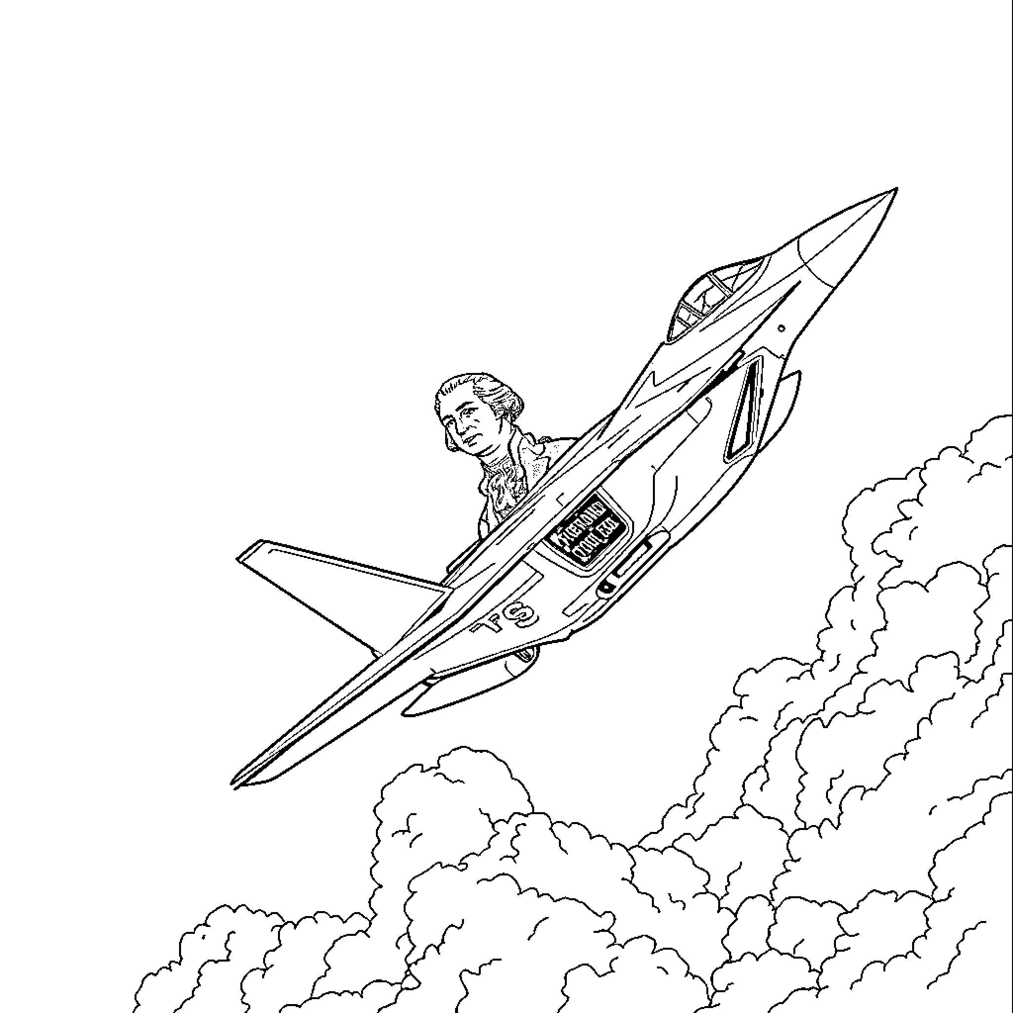 George Washington pilots experimental jet through the clouds Coloring Page (free black-and-white line drawing printable PDF for all, from beginners to advanced learners, including children, teens, adults, and seniors)