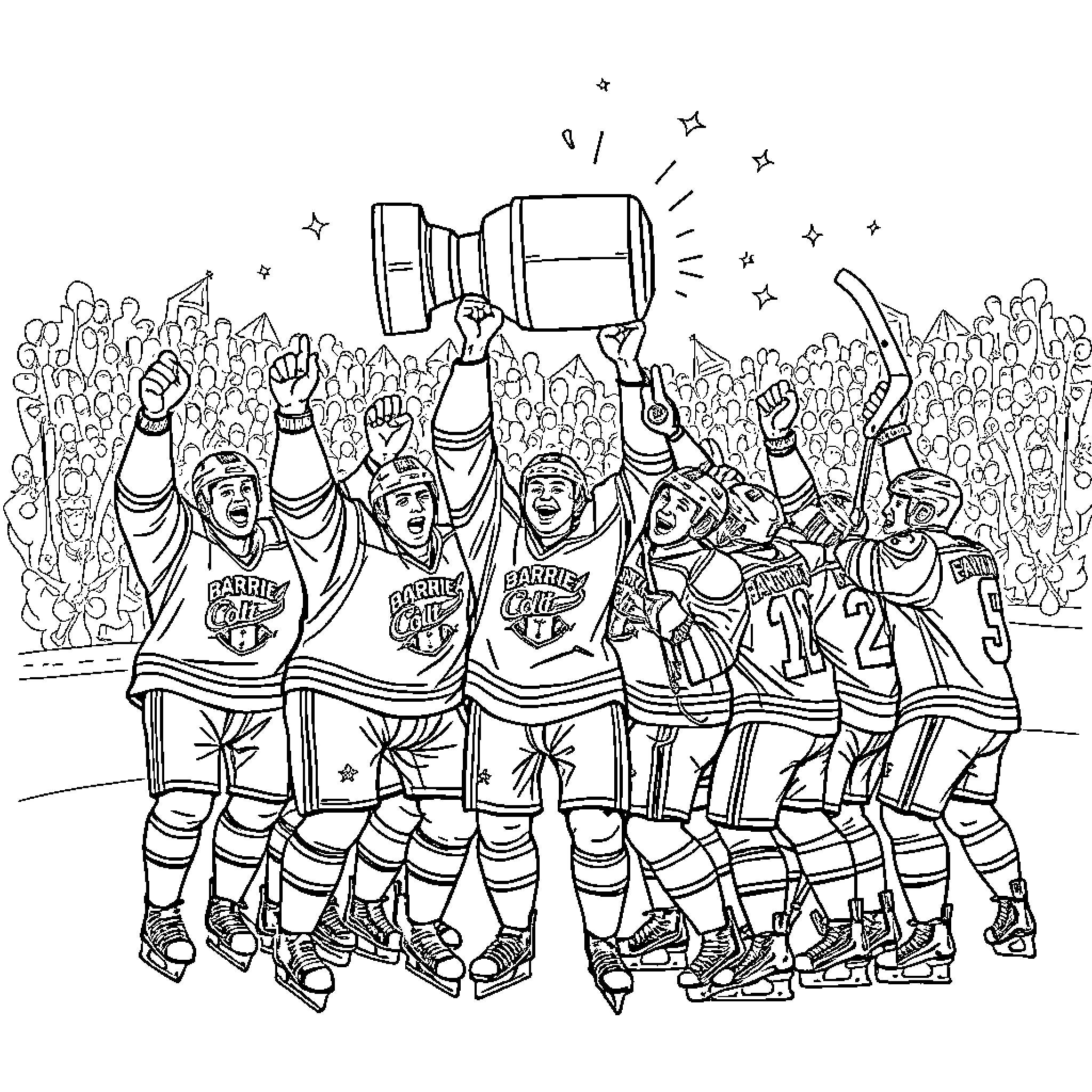 Hockey team celebrating championship victory Coloring Page (free black-and-white line drawing printable PDF for all, from beginners to advanced learners, including children, teens, adults, and seniors)