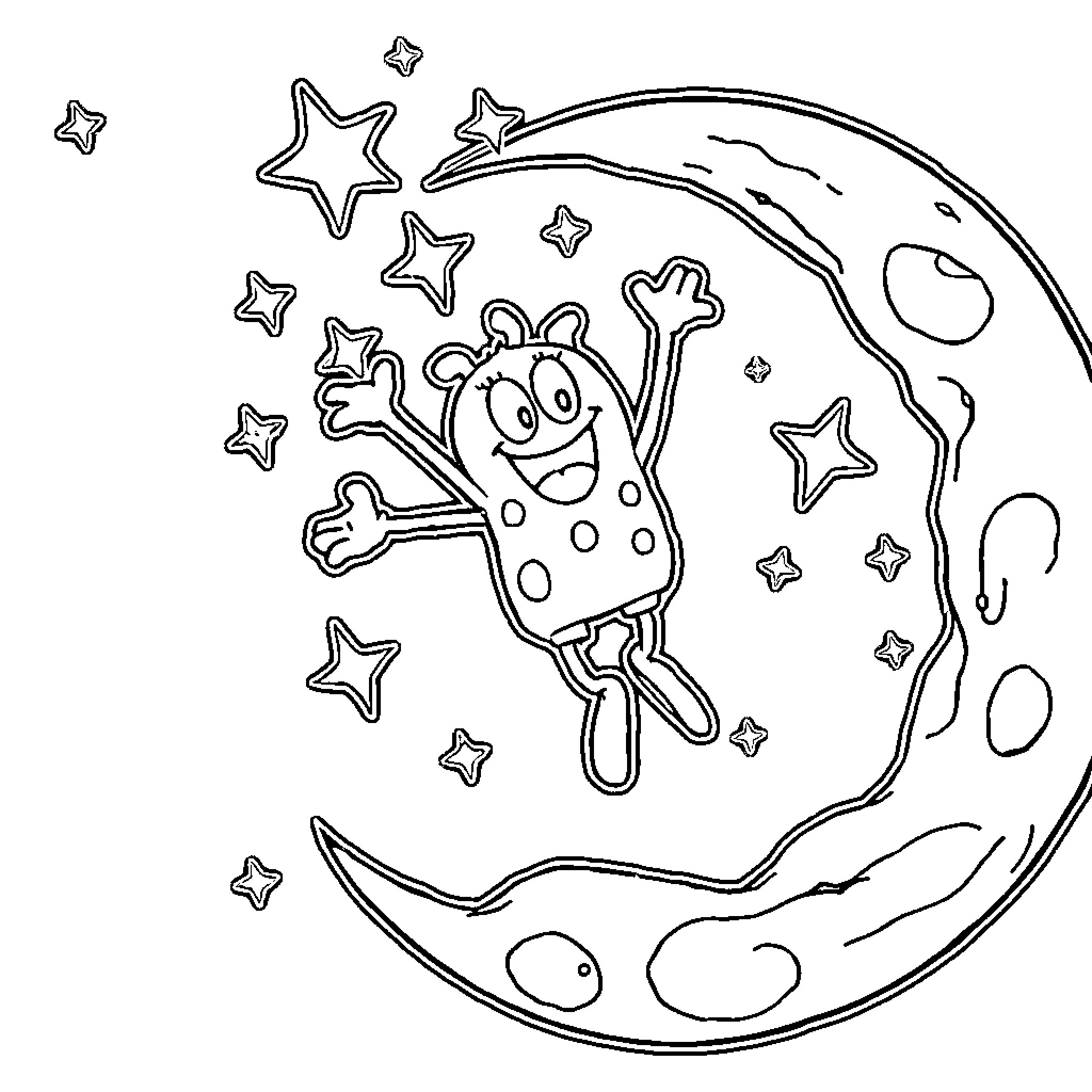 Spongebob jumping amongst the stars in the night sky Coloring Page (free black-and-white line drawing printable PDF for all, from beginners to advanced learners, including children, teens, adults, and seniors)
