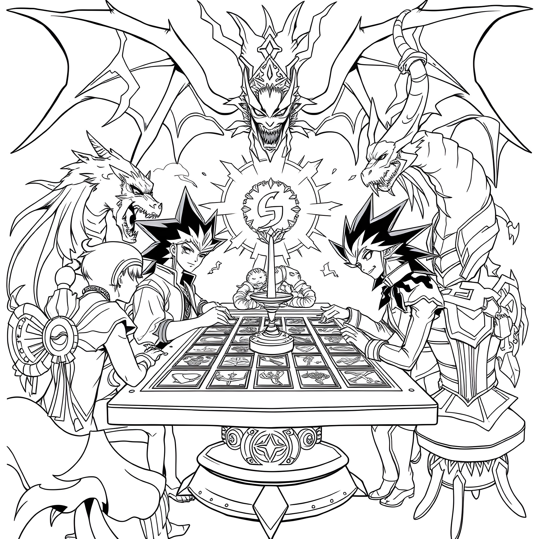 Yu-Gi-Oh Characters in Mystical Battle Stance Coloring Page (free black-and-white line drawing printable PDF for all, from beginners to advanced learners, including children, teens, adults, and seniors)