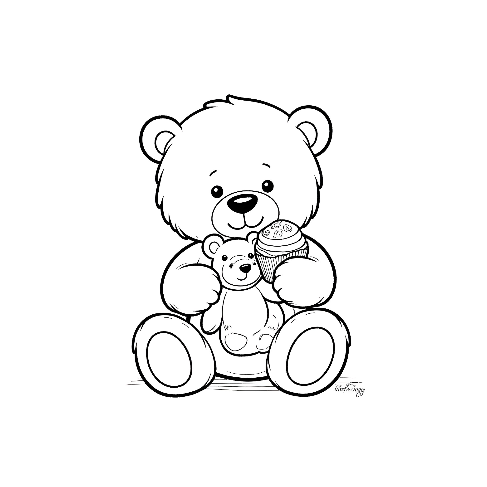 Honey bear hugging its plush toy friend Coloring Page (free black-and-white line drawing printable PDF for all, from beginners to advanced learners, including children, teens, adults, and seniors)