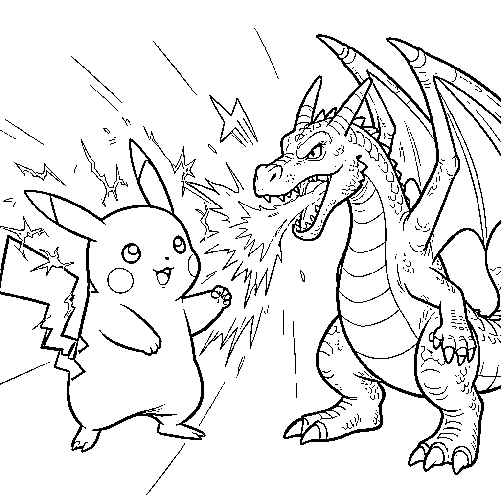 Pikachu facing off against a fierce dragon Coloring Page (free black-and-white line drawing printable PDF for all, from beginners to advanced learners, including children, teens, adults, and seniors)