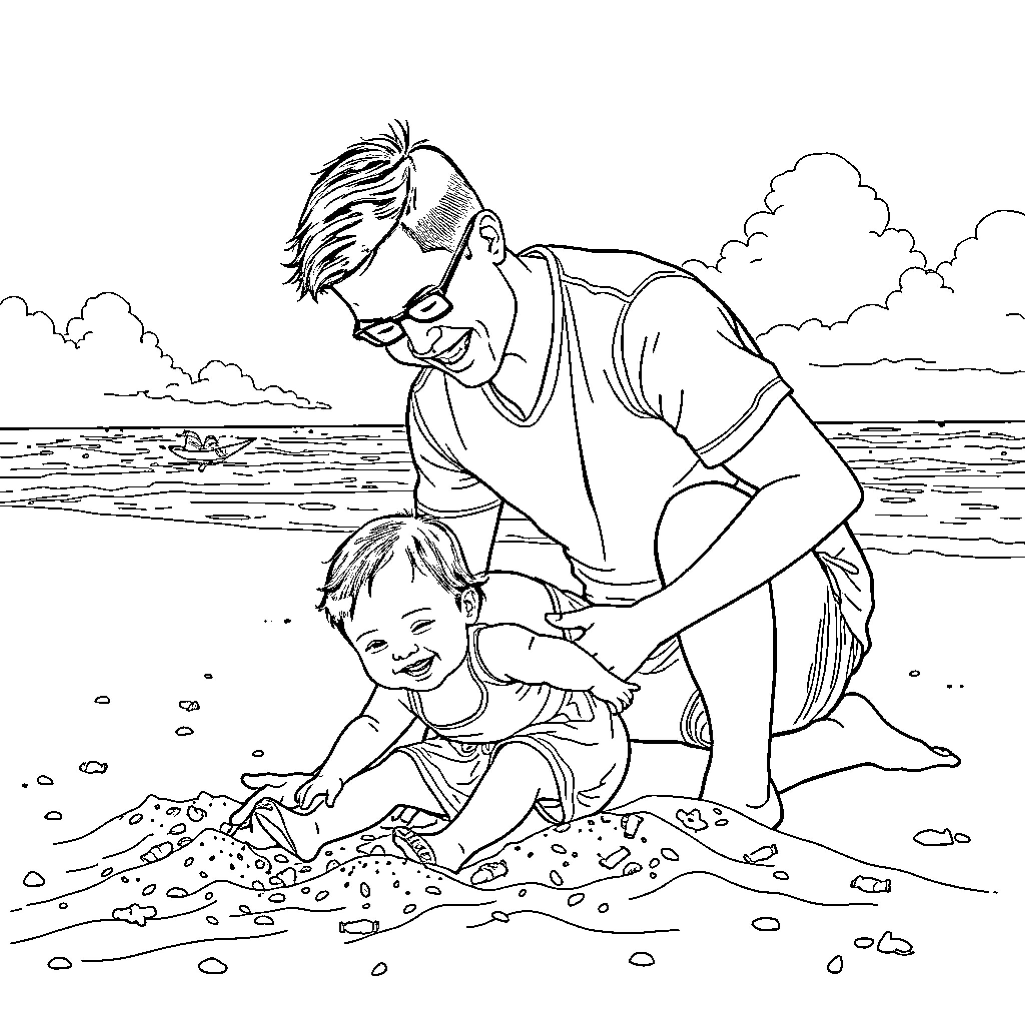 Father and son playing happily on the beach Coloring Page (free black-and-white line drawing printable PDF for all, from beginners to advanced learners, including children, teens, adults, and seniors)