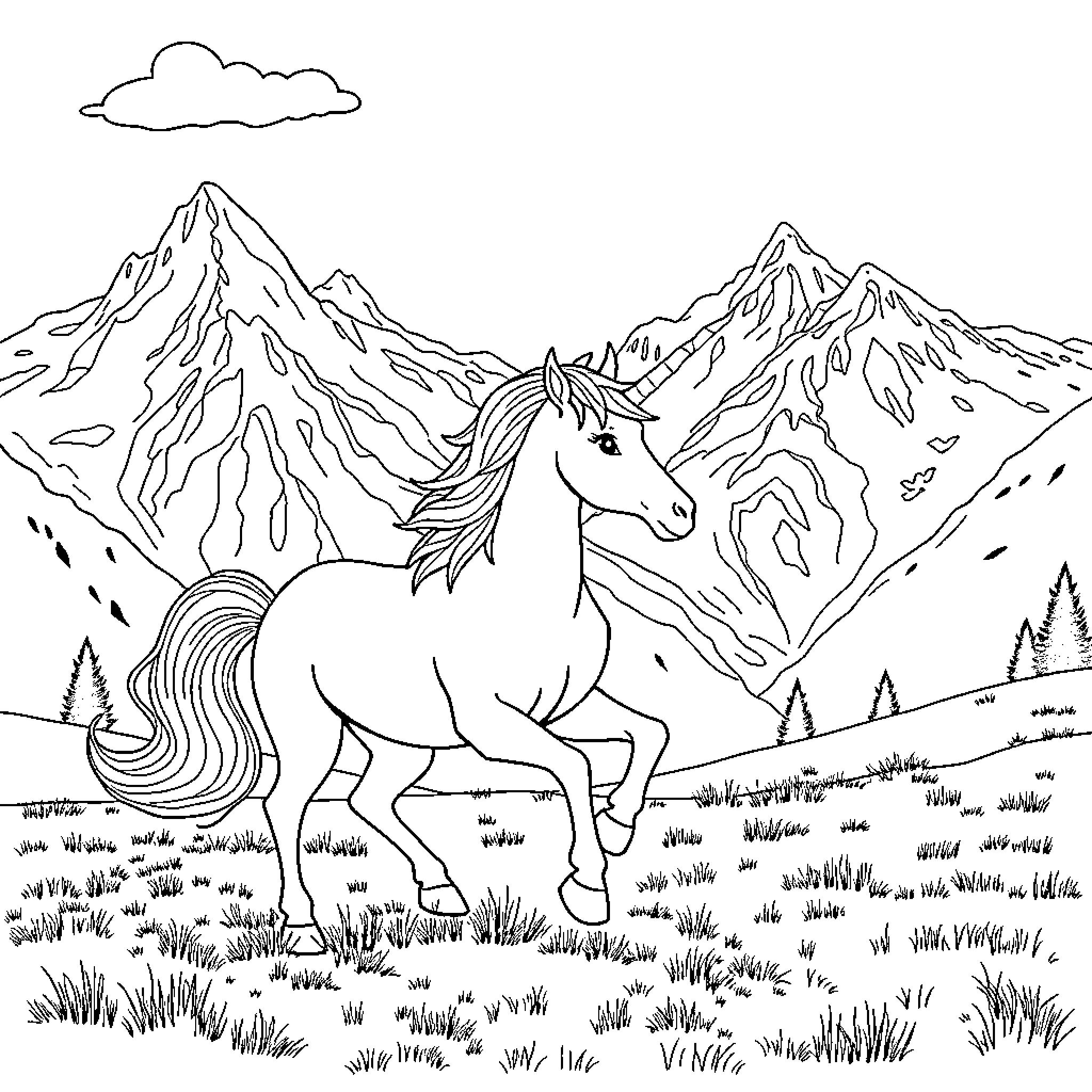 Unicorn exploring the majestic mountain landscape Coloring Page (free black-and-white line drawing printable PDF for all, from beginners to advanced learners, including children, teens, adults, and seniors)