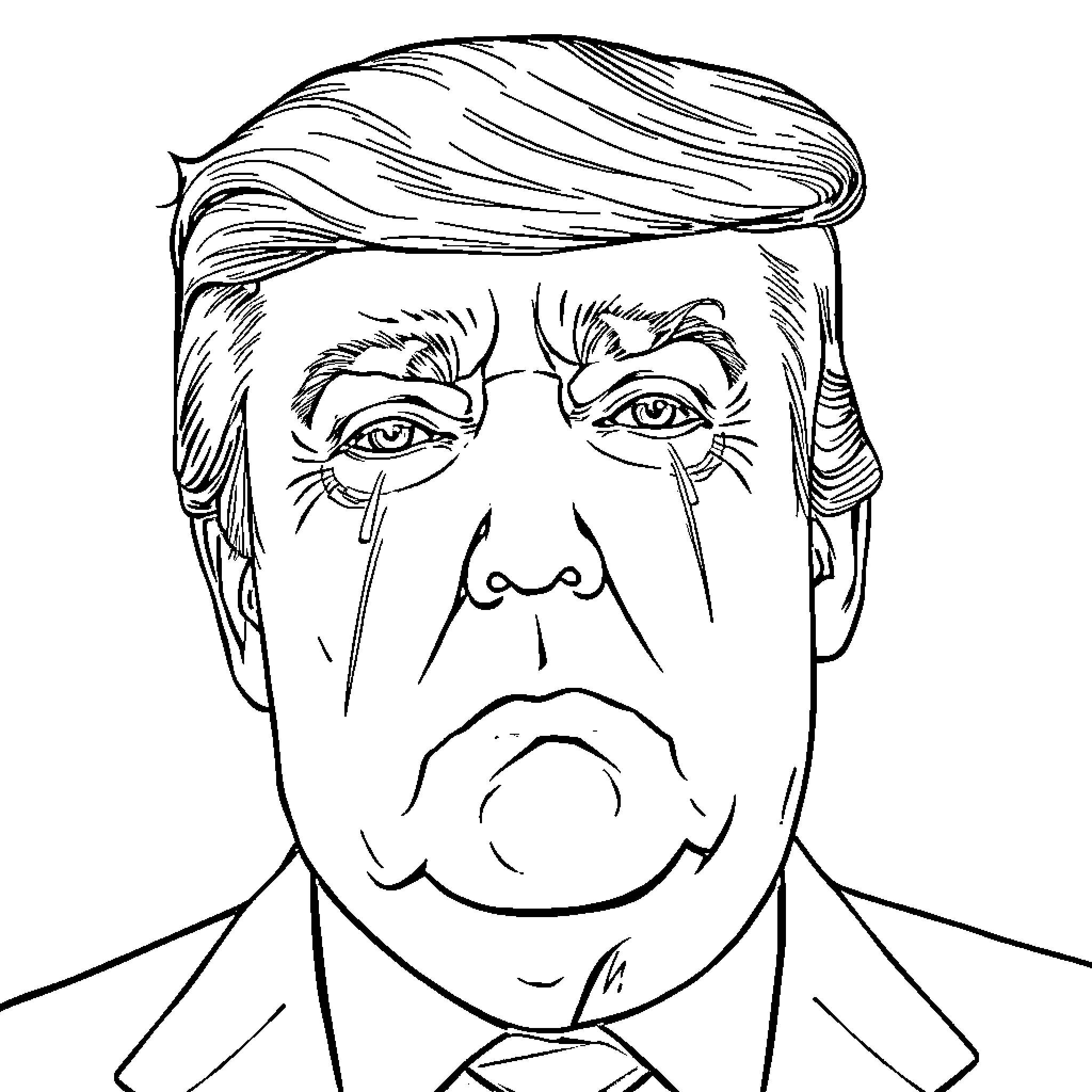 President Trump's Serious Facial Expression Coloring Page (free black-and-white line drawing printable PDF for all, from beginners to advanced learners, including children, teens, adults, and seniors)