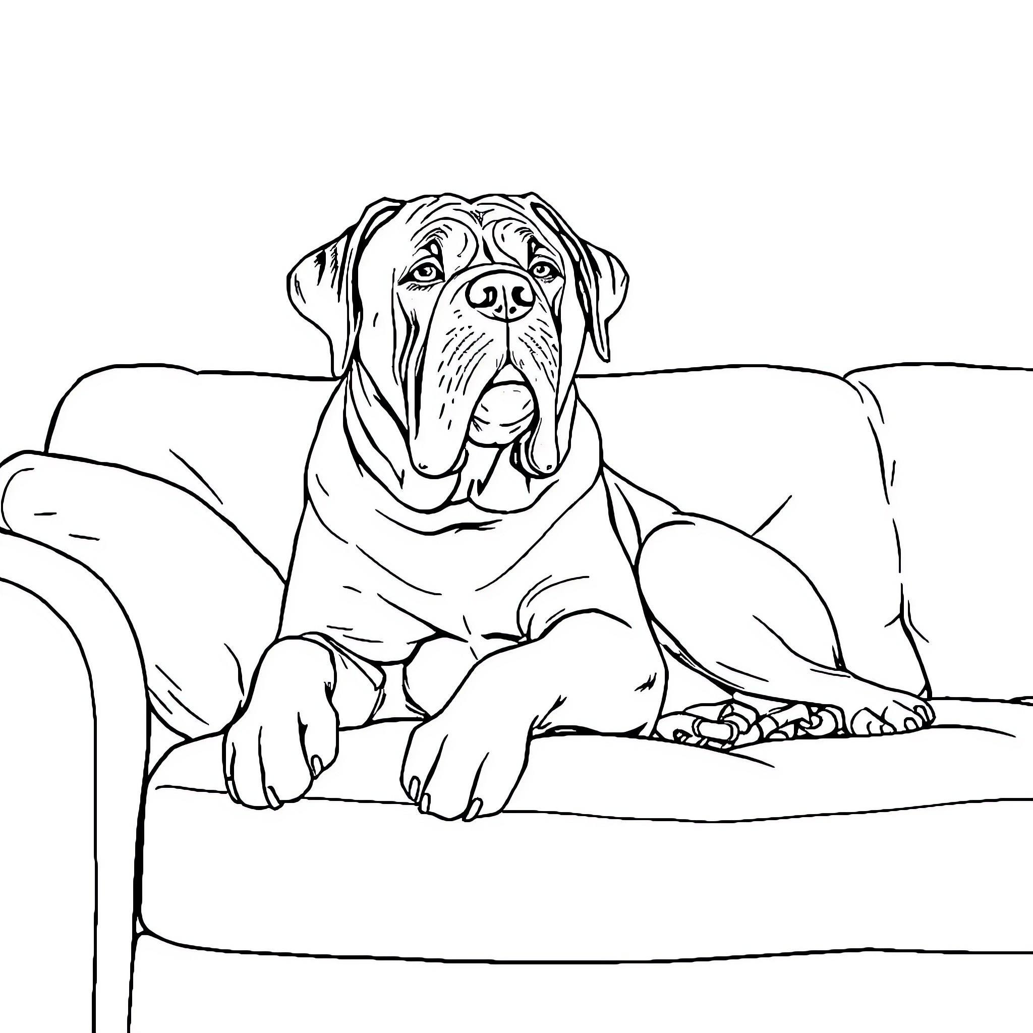 Mastiff relaxing comfortably on couch Coloring Page (free black-and-white line drawing printable PDF for all, from beginners to advanced learners, including children, teens, adults, and seniors)