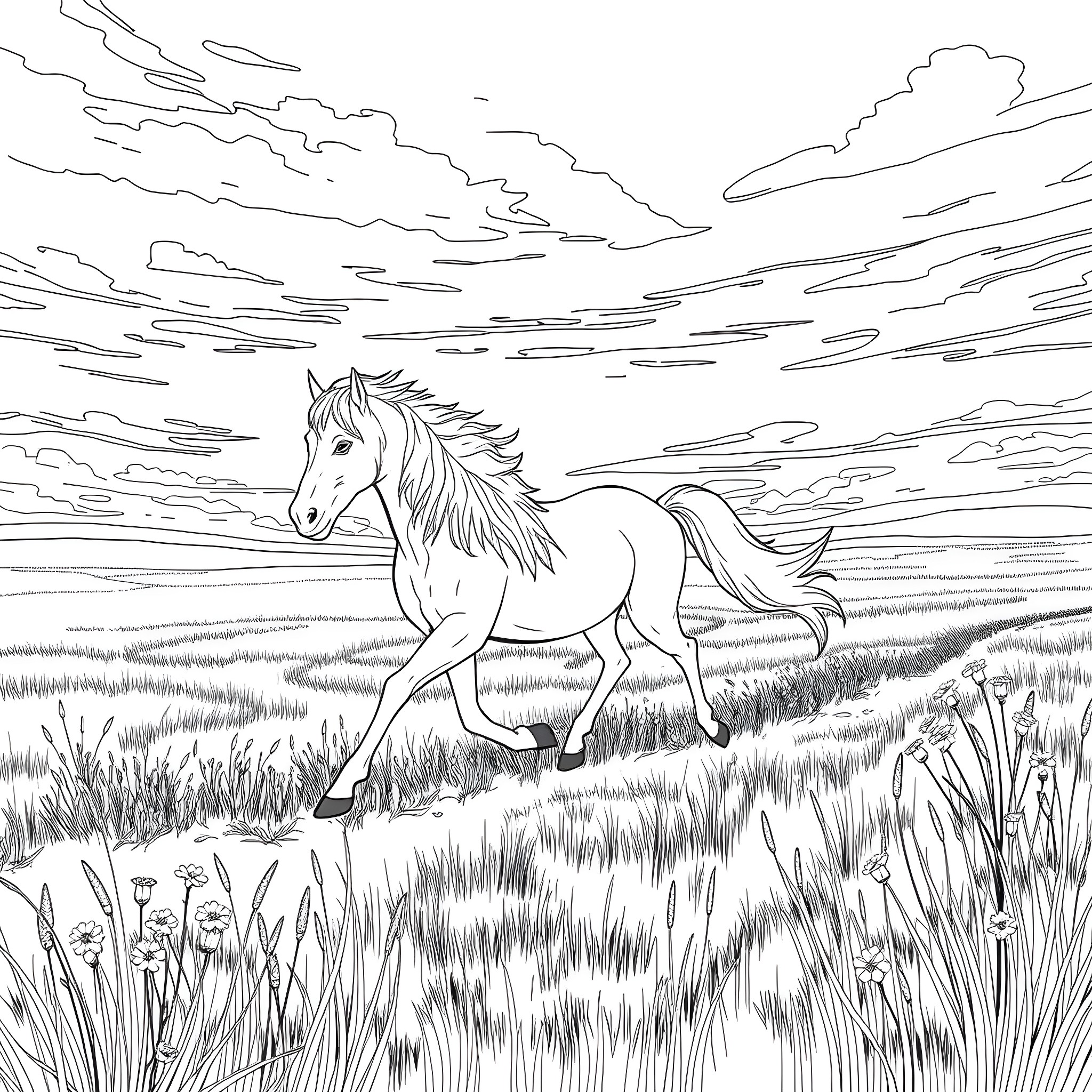 Spirit of the Wind: A Majestic Horse Galloping Through the Grasslands Coloring Page (free black-and-white line drawing printable PDF for all, from beginners to advanced learners, including children, teens, adults, and seniors)