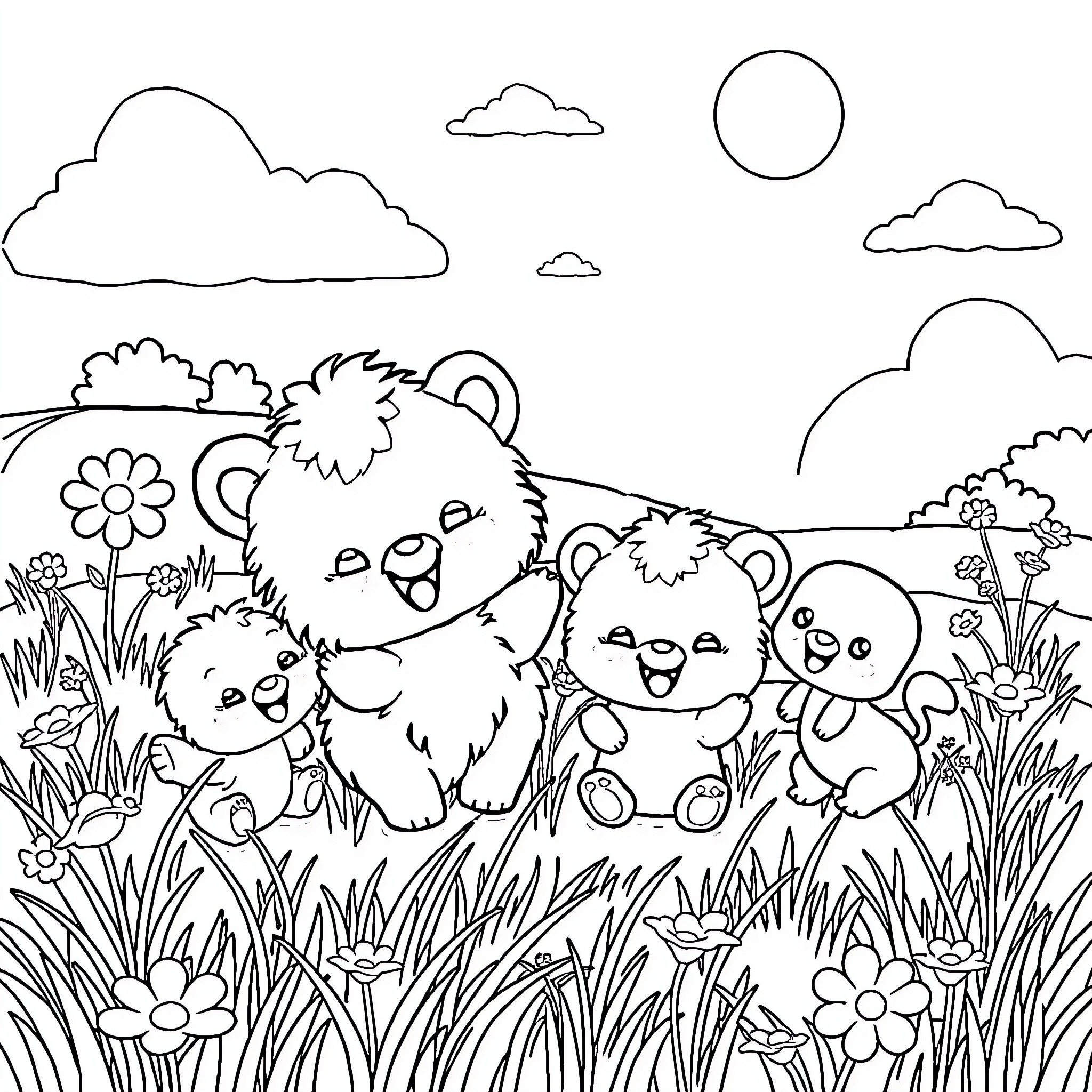 Baby Animal Playing in the Meadow Coloring Page (free black-and-white line drawing printable PDF for all, from beginners to advanced learners, including children, teens, adults, and seniors)