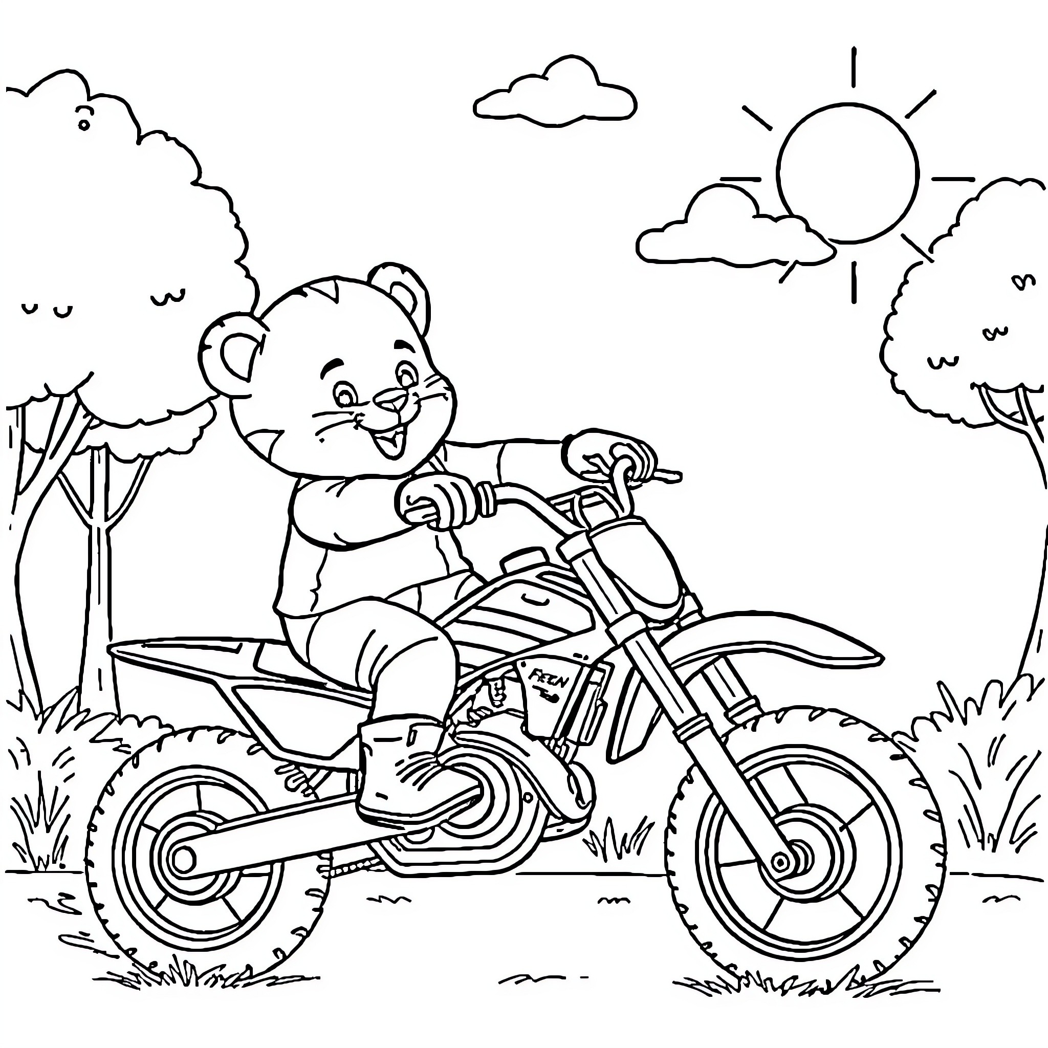 Daniel Tiger riding a motorcycle in the park Coloring Page (free black-and-white line drawing printable PDF for all, from beginners to advanced learners, including children, teens, adults, and seniors)