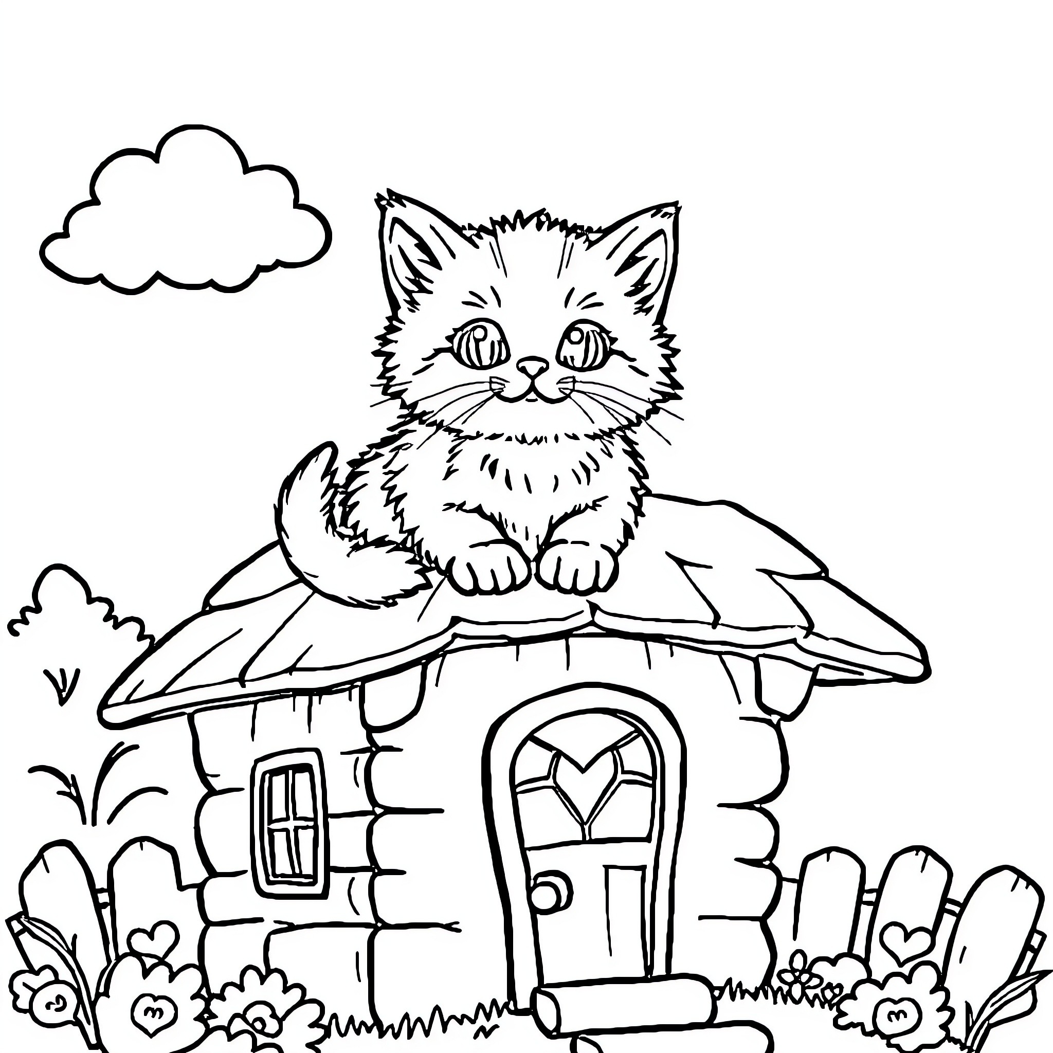Kitten sitting on a cozy cottage Coloring Page (free black-and-white line drawing printable PDF for all, from beginners to advanced learners, including children, teens, adults, and seniors)