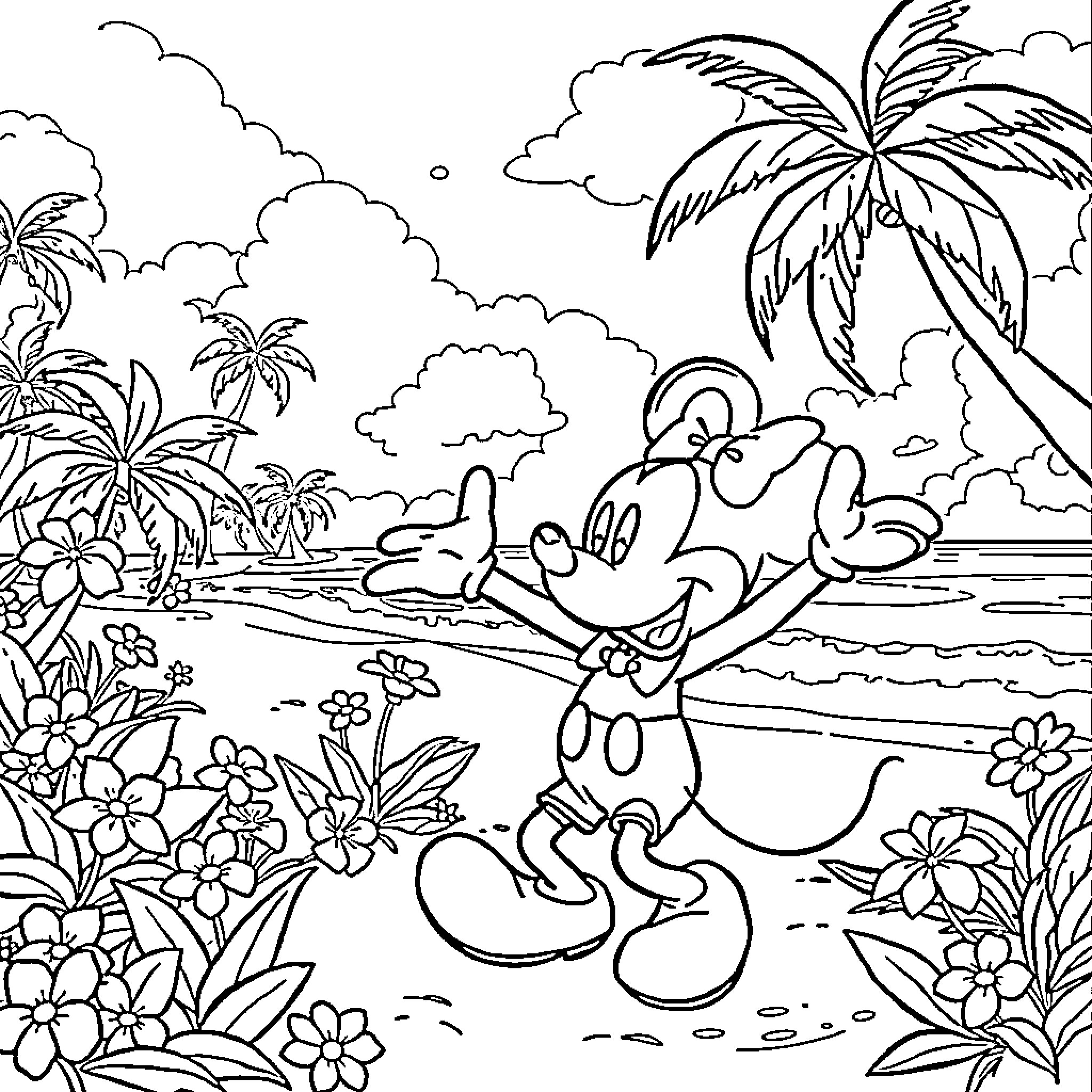 Mickey Mouse enjoying the tropical beach scenery Coloring Page (free black-and-white line drawing printable PDF for all, from beginners to advanced learners, including children, teens, adults, and seniors)