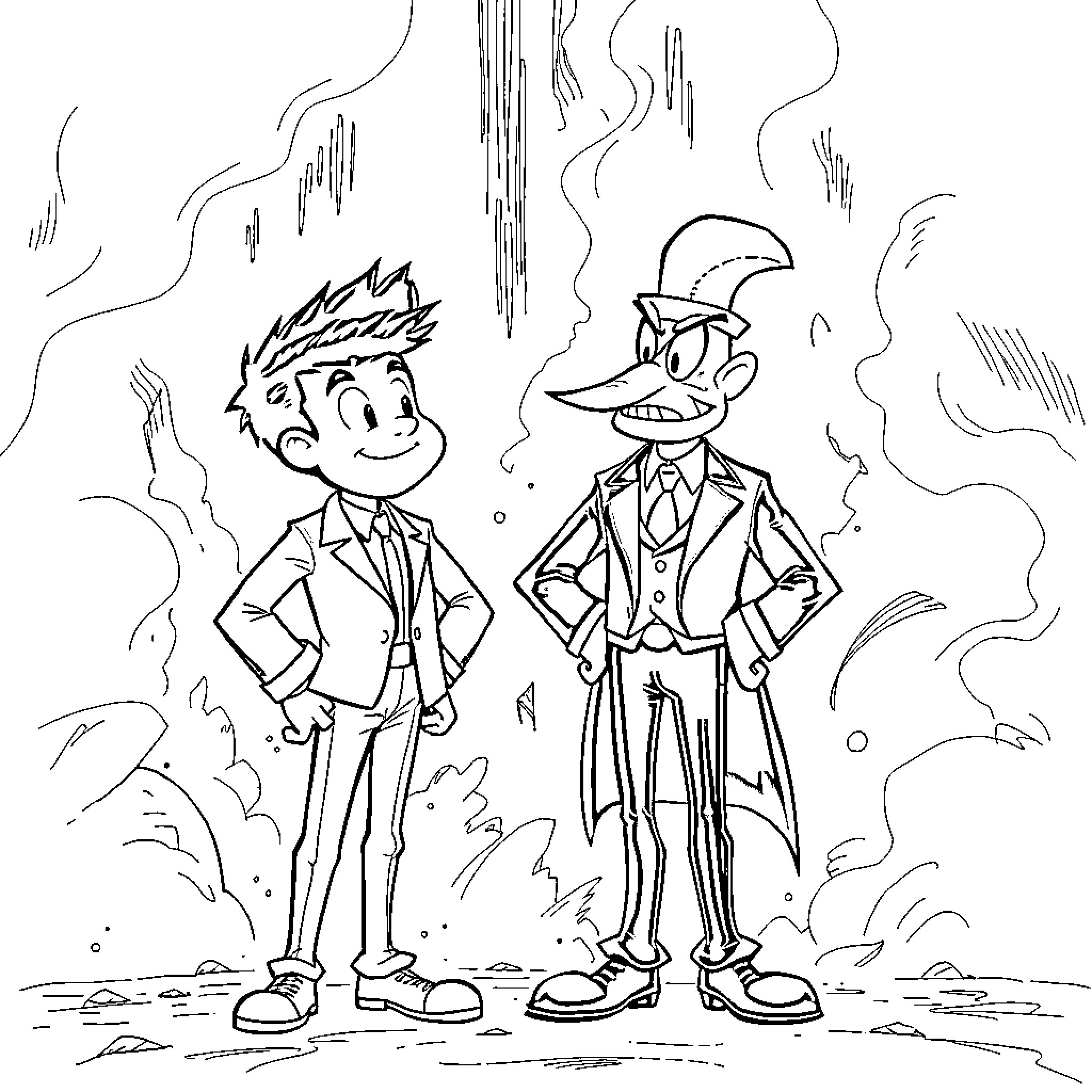 Zack Fair and his mischievous friend in a surreal setting Coloring Page (free black-and-white line drawing printable PDF for all, from beginners to advanced learners, including children, teens, adults, and seniors)