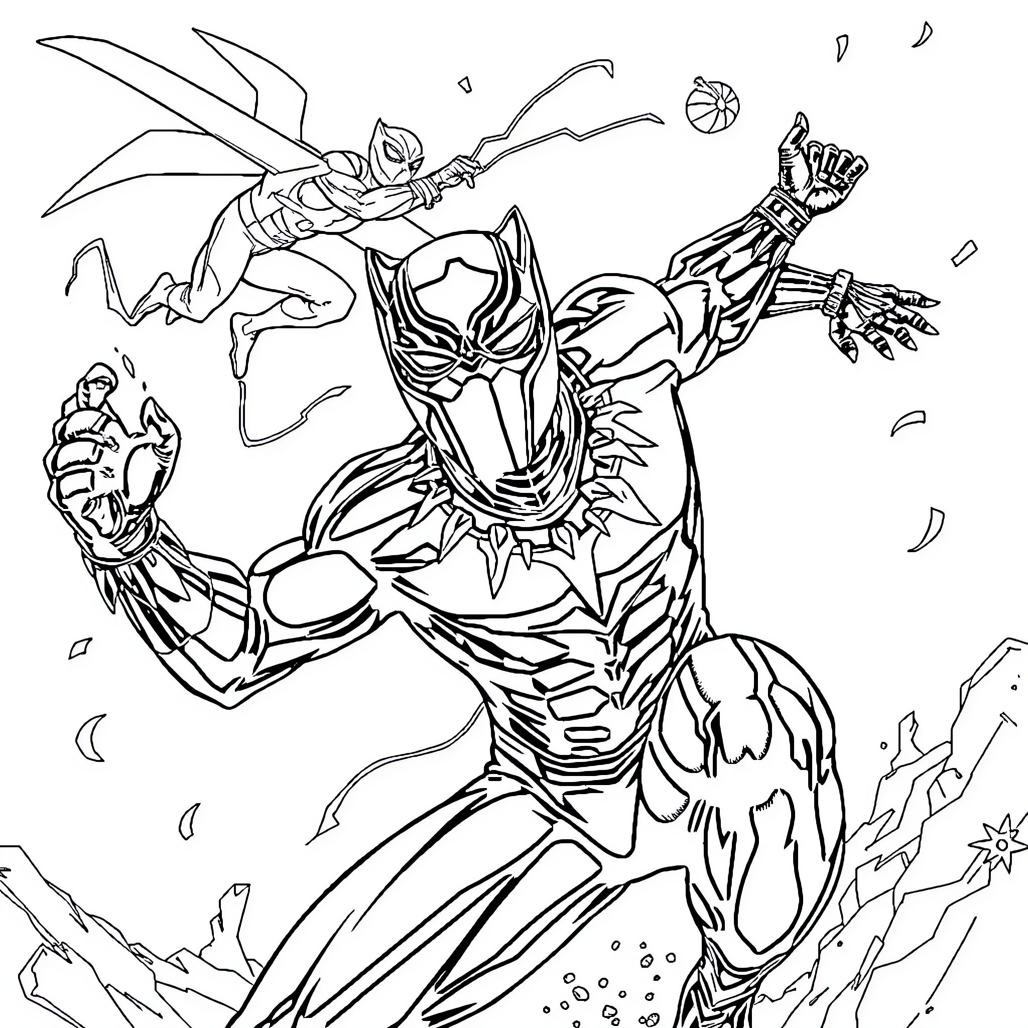 Panther superhero in dynamic action pose Coloring Page (free black-and-white line drawing printable PDF for all, from beginners to advanced learners, including children, teens, adults, and seniors)