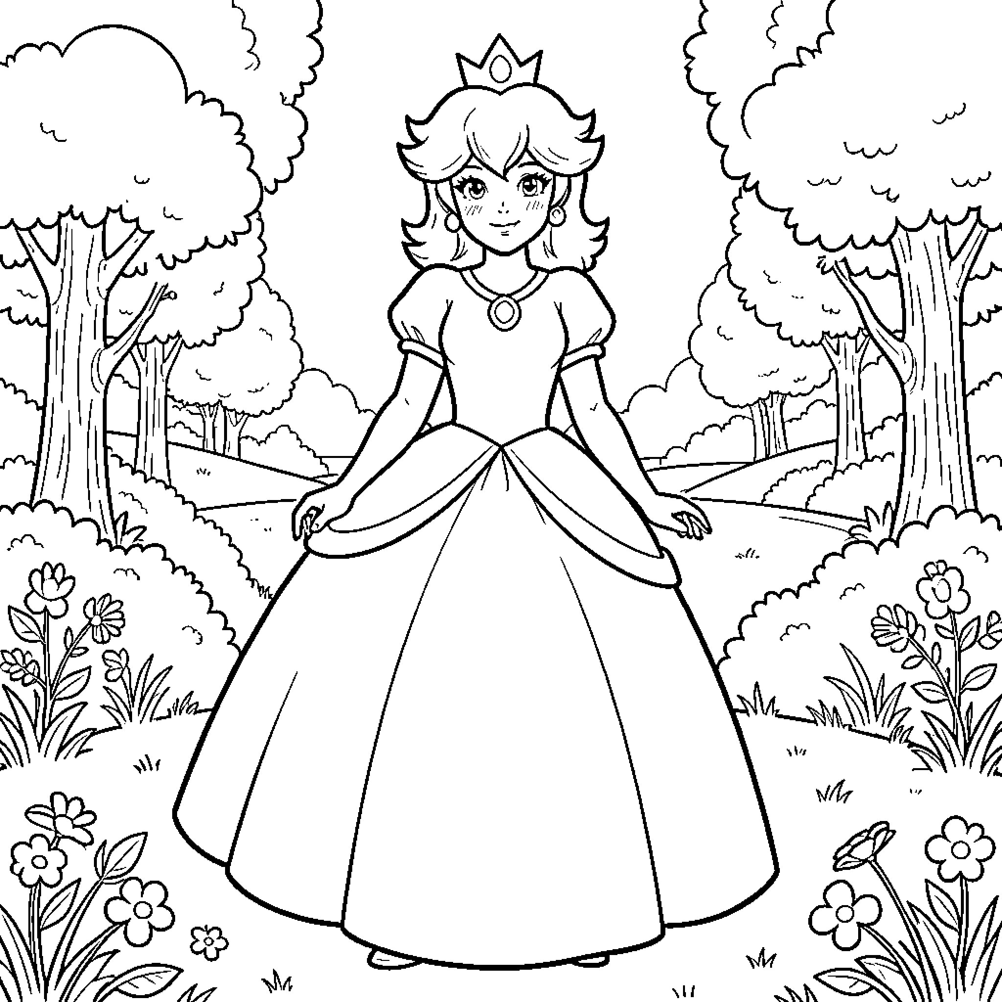 Princess Peach standing gracefully in a flowering garden Coloring Page (free black-and-white line drawing printable PDF for all, from beginners to advanced learners, including children, teens, adults, and seniors)