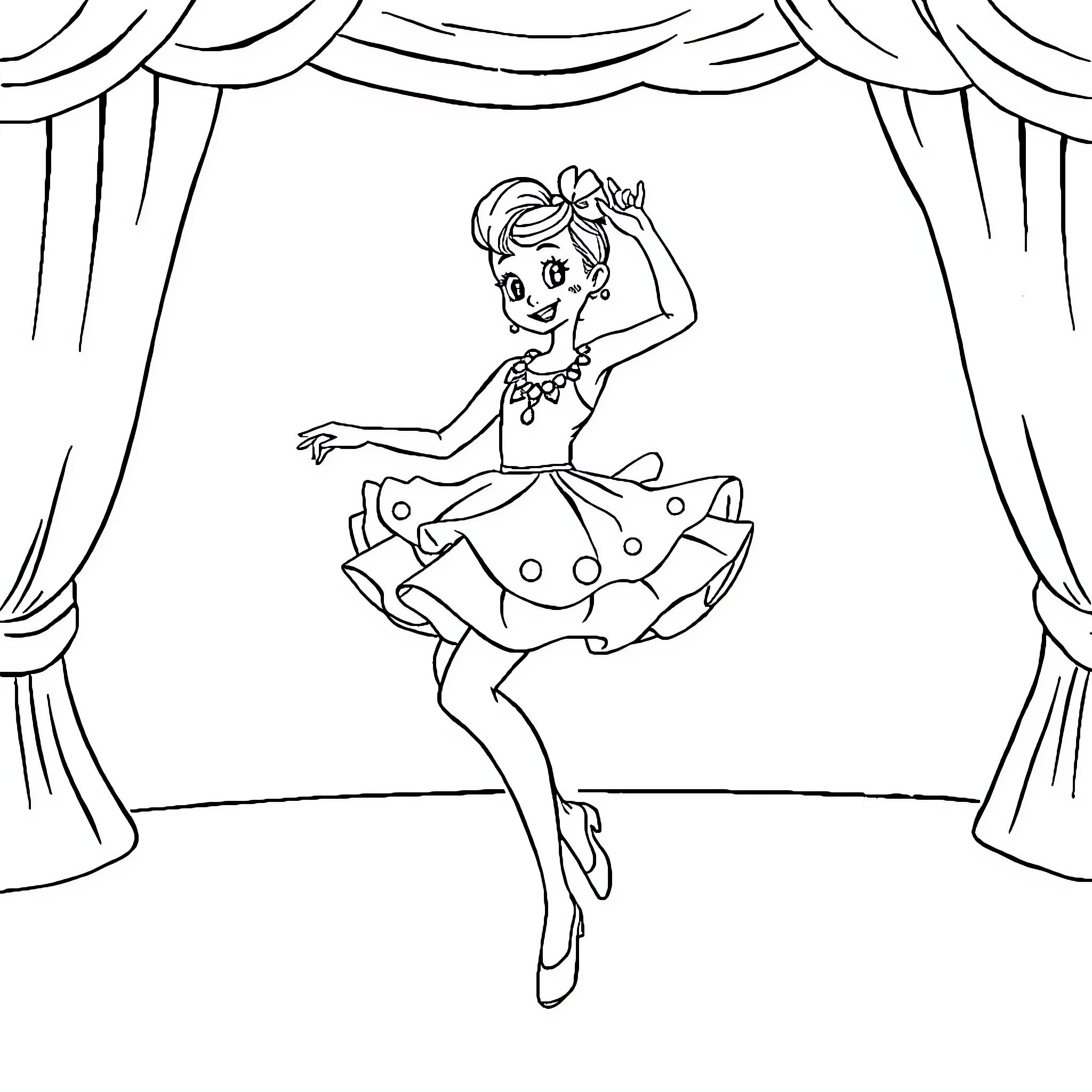 Doll dancing gracefully on stage Coloring Page (free black-and-white line drawing printable PDF for all, from beginners to advanced learners, including children, teens, adults, and seniors)