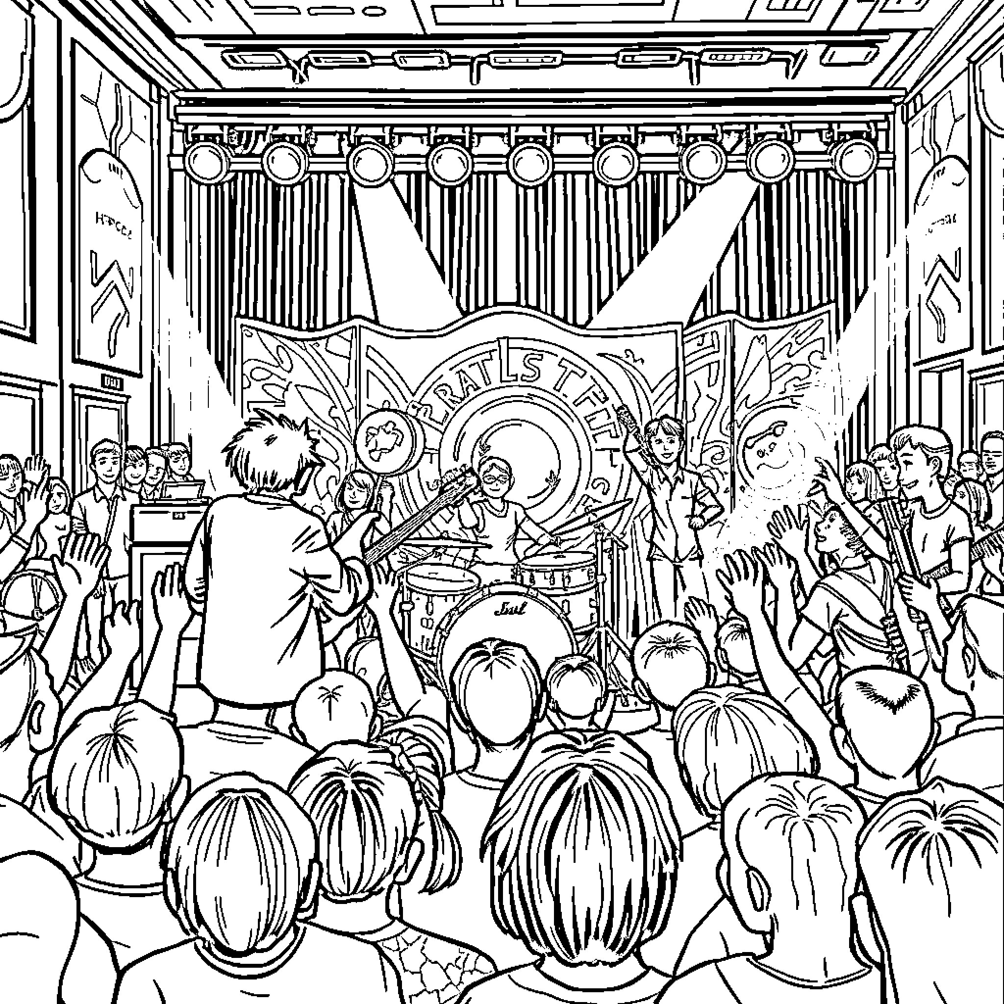 RBD Concert Scene with Cheering Fans Coloring Page (free black-and-white line drawing printable PDF for all, from beginners to advanced learners, including children, teens, adults, and seniors)