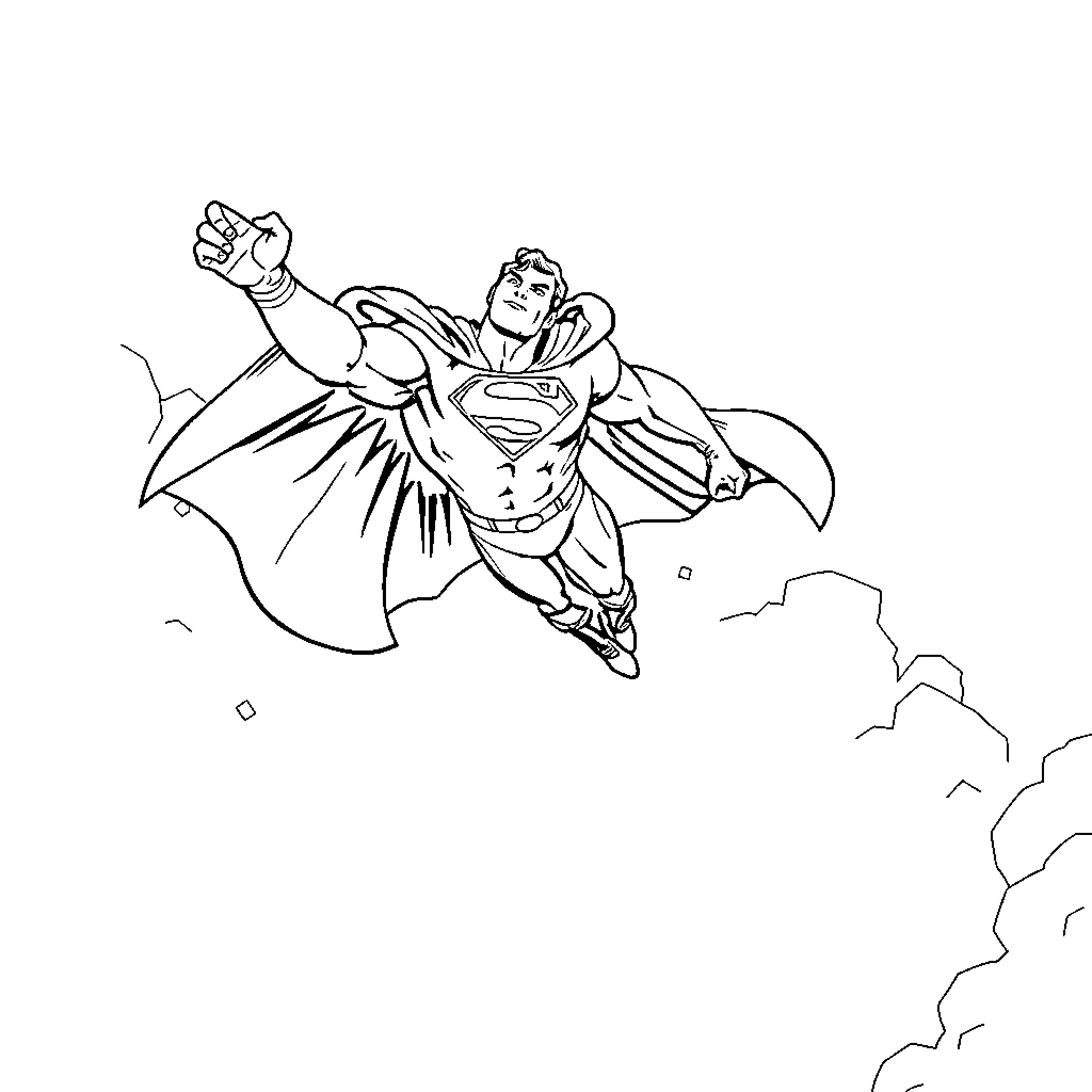 Superman soaring through the sky Coloring Page (free black-and-white line drawing printable PDF for all, from beginners to advanced learners, including children, teens, adults, and seniors)