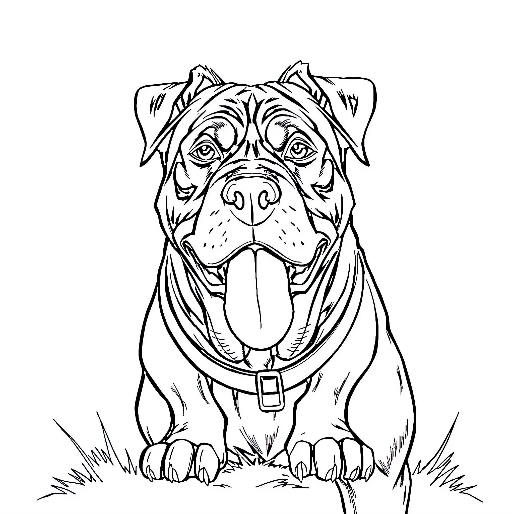 Rottweiler in playful pose on grassy field Coloring Page (free black-and-white line drawing printable PDF for all, from beginners to advanced learners, including children, teens, adults, and seniors)