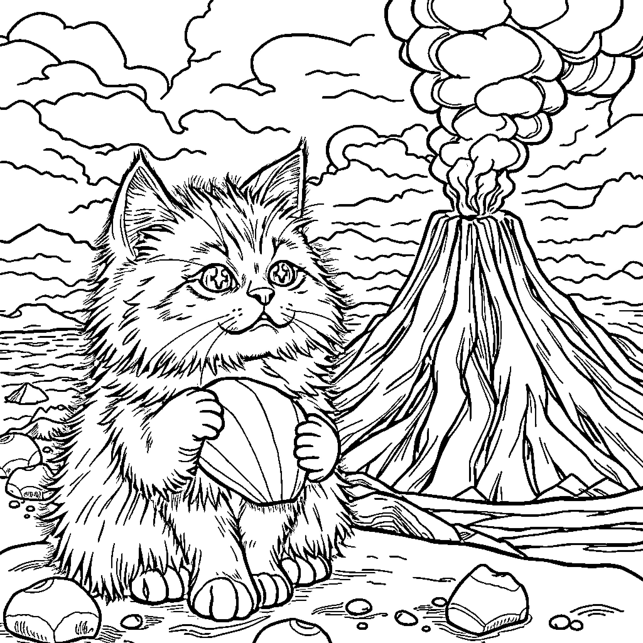 Cat watching an erupting volcano Coloring Page (free black-and-white line drawing printable PDF for all, from beginners to advanced learners, including children, teens, adults, and seniors)