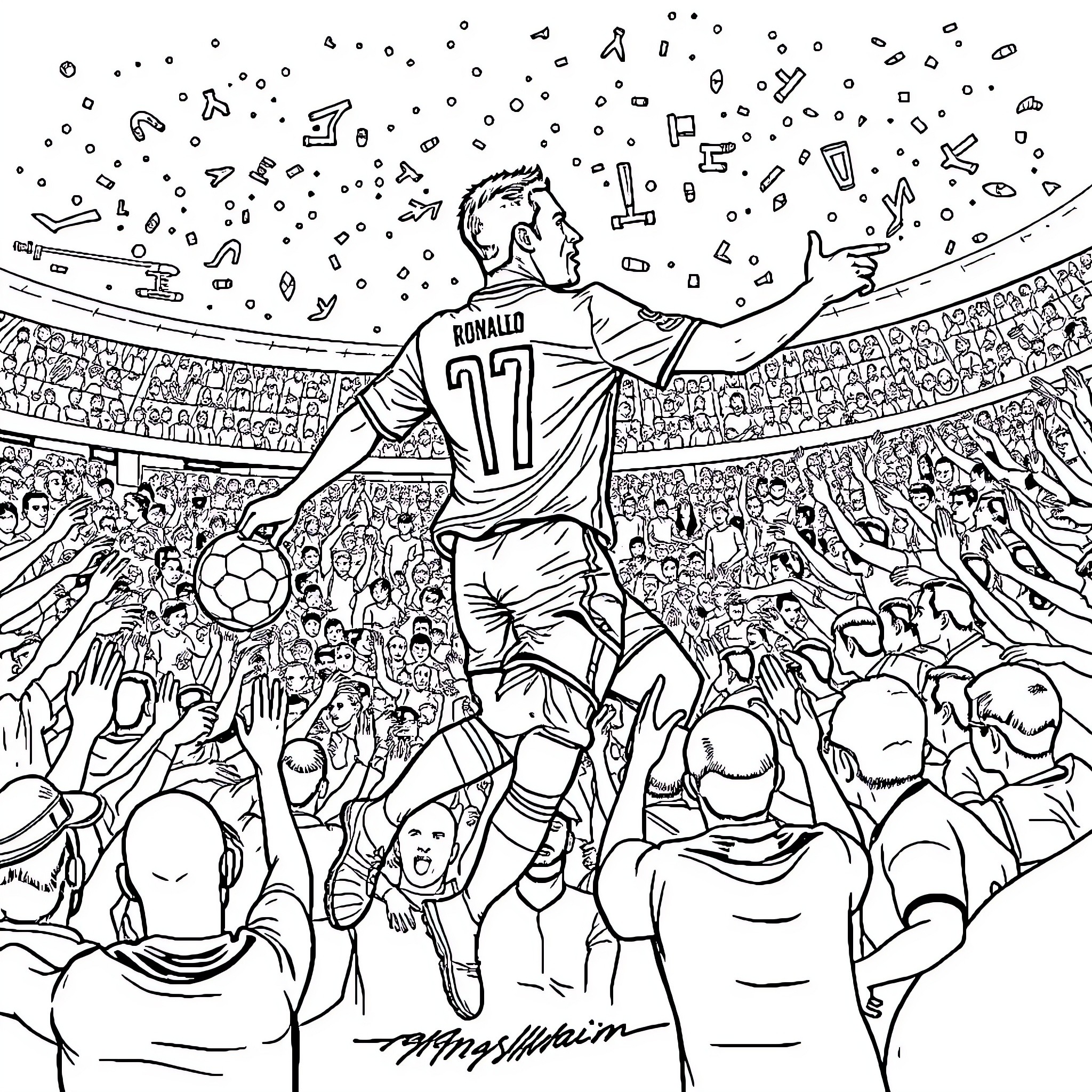 Ronaldo celebrating a goal amidst cheering fans Coloring Page (free black-and-white line drawing printable PDF for all, from beginners to advanced learners, including children, teens, adults, and seniors)