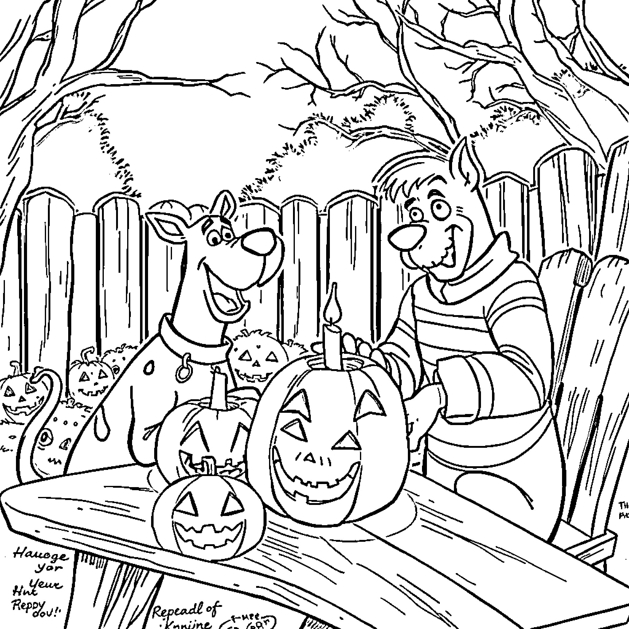 Scooby Doo and Friends Celebrate Halloween in the Spooky Woods Coloring Page (free black-and-white line drawing printable PDF for all, from beginners to advanced learners, including children, teens, adults, and seniors)
