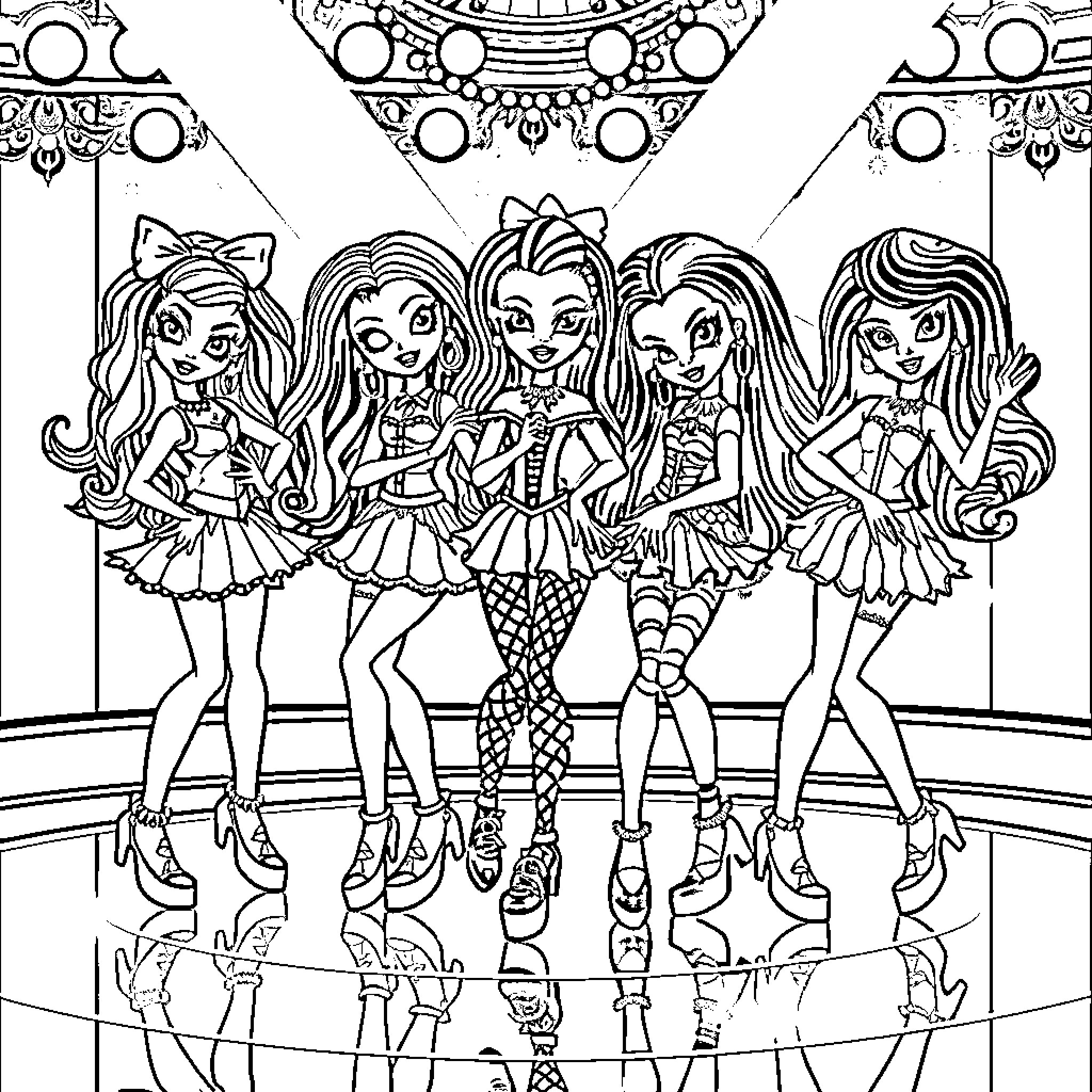 Monster High Dolls Posing Stylishly on Stage Coloring Page (free black-and-white line drawing printable PDF for all, from beginners to advanced learners, including children, teens, adults, and seniors)