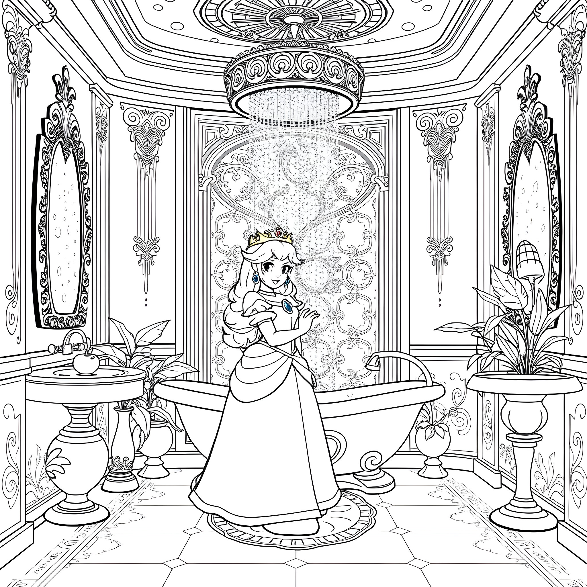 Princess in a Regal Bathroom Palace Coloring Page (free black-and-white line drawing printable PDF for all, from beginners to advanced learners, including children, teens, adults, and seniors)