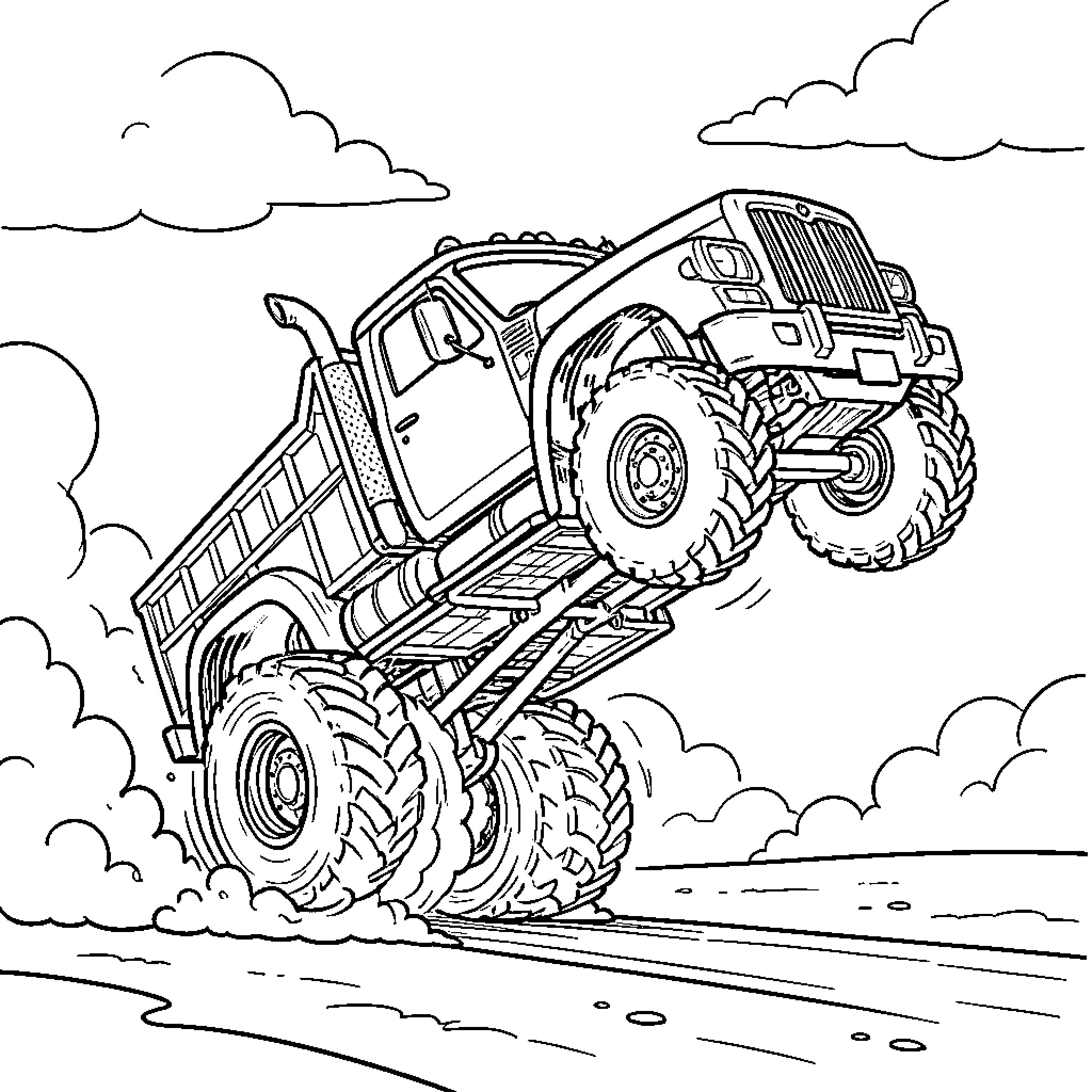 Truck racing over rugged terrain Coloring Page (free black-and-white line drawing printable PDF for all, from beginners to advanced learners, including children, teens, adults, and seniors)