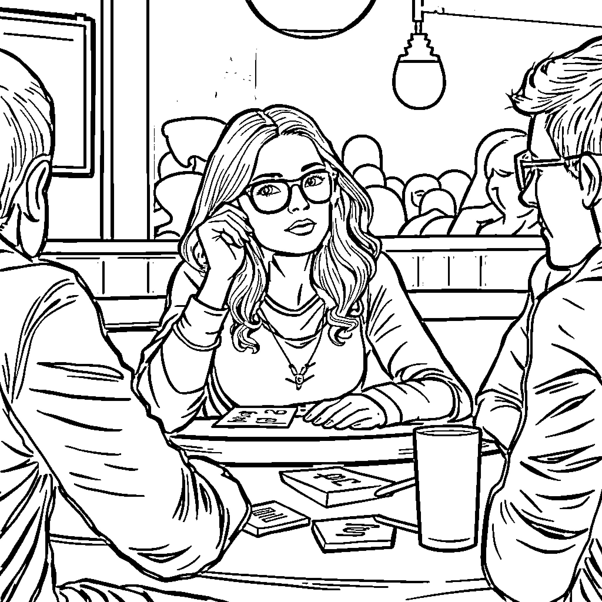 Woman sitting at a cafe, lost in thought Coloring Page (free black-and-white line drawing printable PDF for all, from beginners to advanced learners, including children, teens, adults, and seniors)