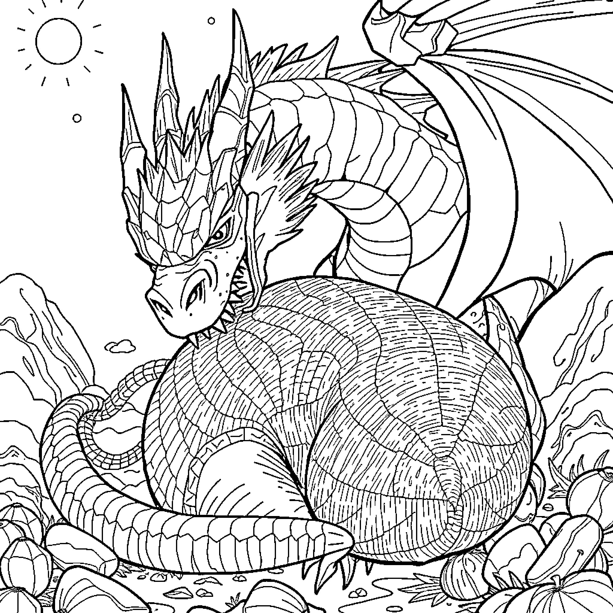 Dragon resting peacefully in a mystical landscape Coloring Page (free black-and-white line drawing printable PDF for all, from beginners to advanced learners, including children, teens, adults, and seniors)