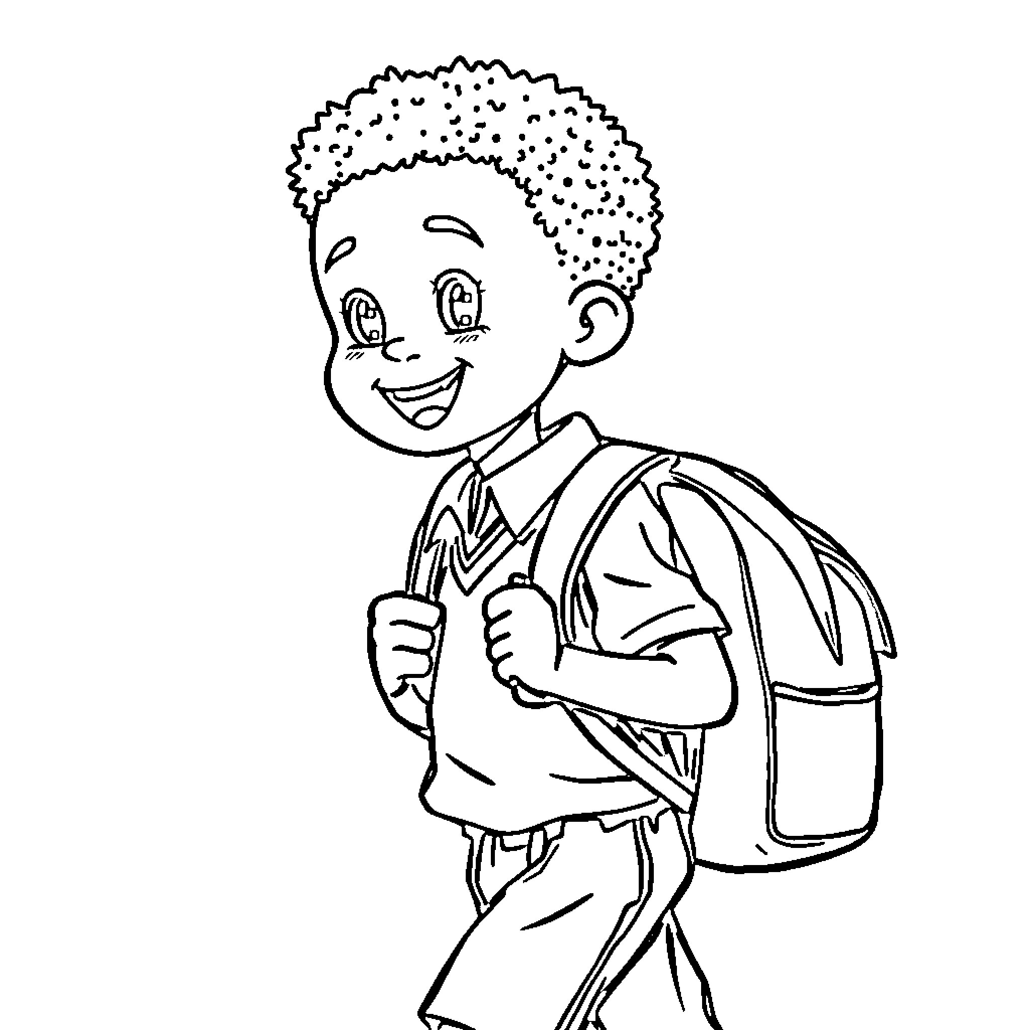 Boy happily walking to school with backpack Coloring Page (free black-and-white line drawing printable PDF for all, from beginners to advanced learners, including children, teens, adults, and seniors)