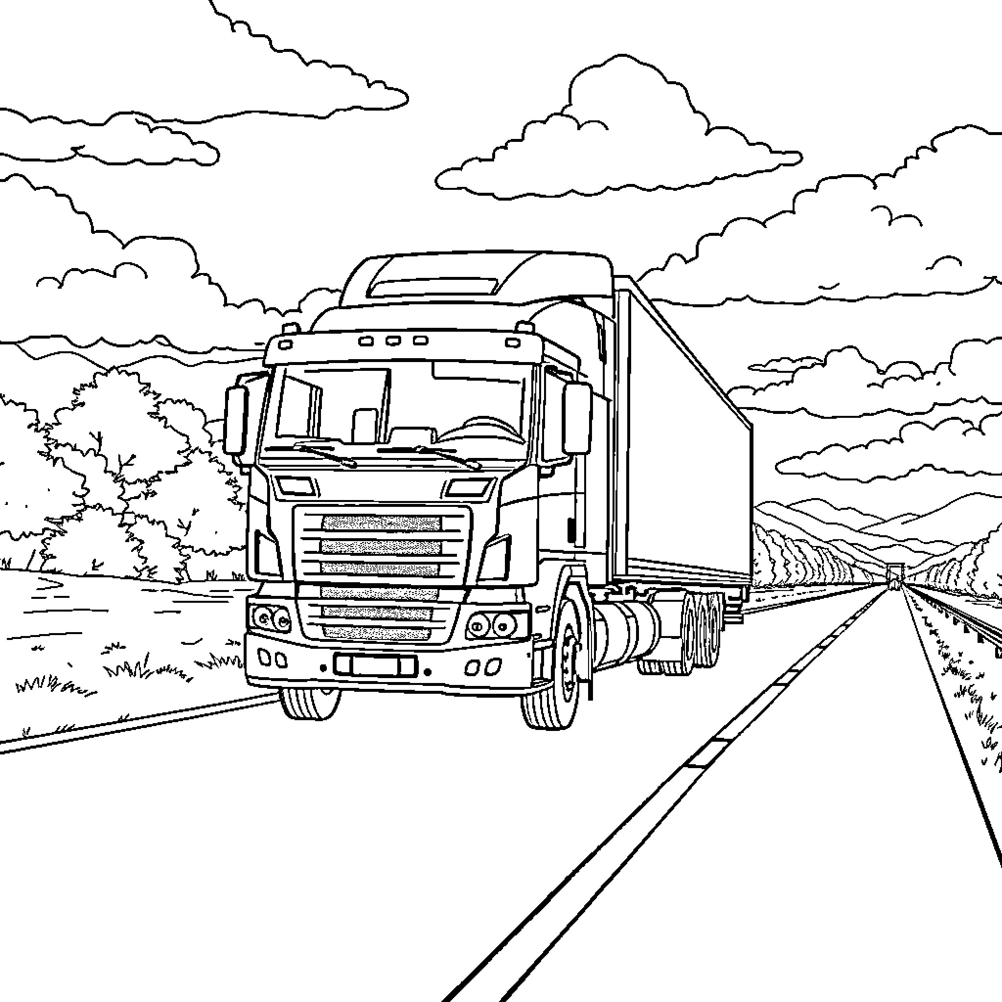Truck Transporting Cargo on Winding Road Coloring Page (free black-and-white line drawing printable PDF for all, from beginners to advanced learners, including children, teens, adults, and seniors)