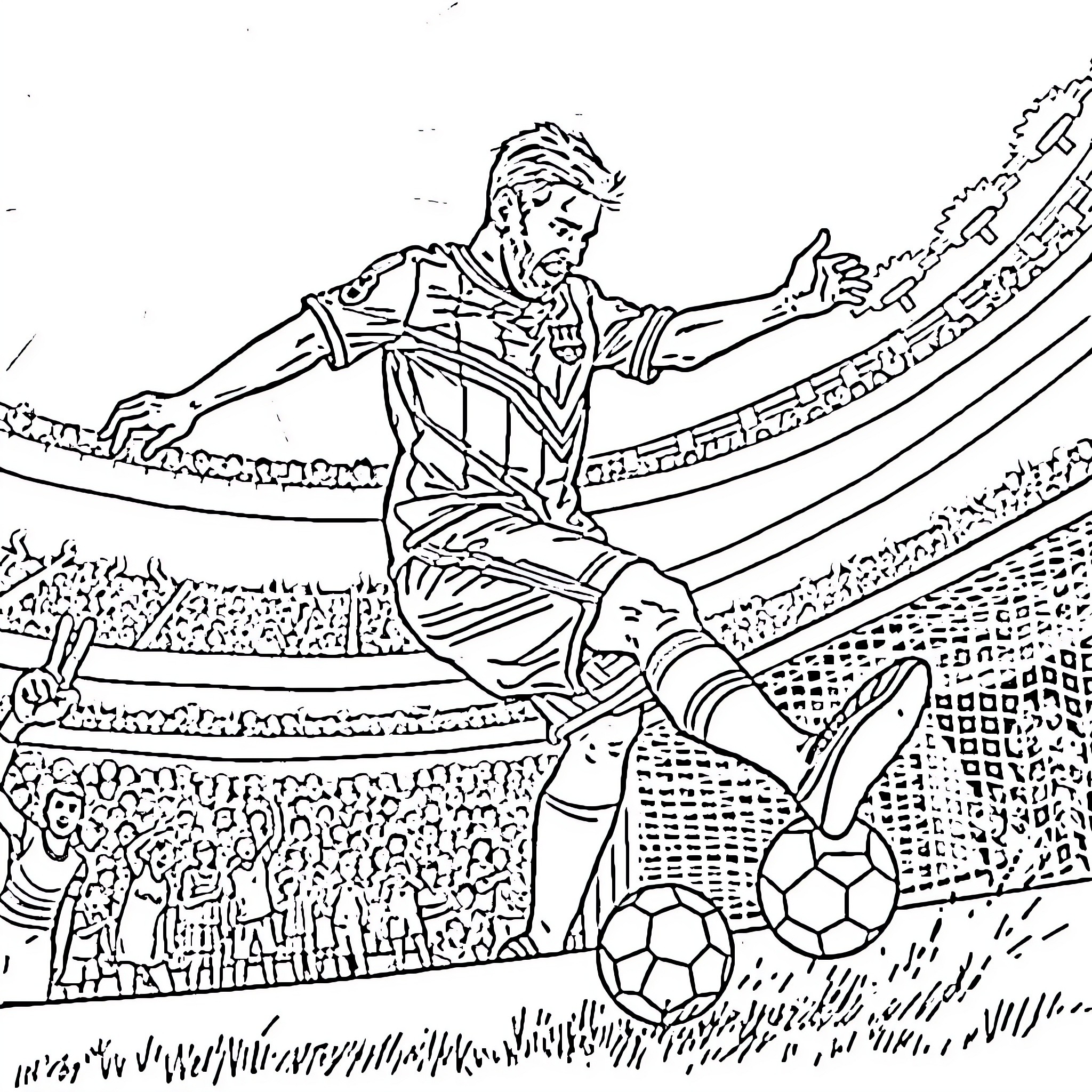 Messi's Goal Celebration in Stadium Coloring Page (free black-and-white line drawing printable PDF for all, from beginners to advanced learners, including children, teens, adults, and seniors)