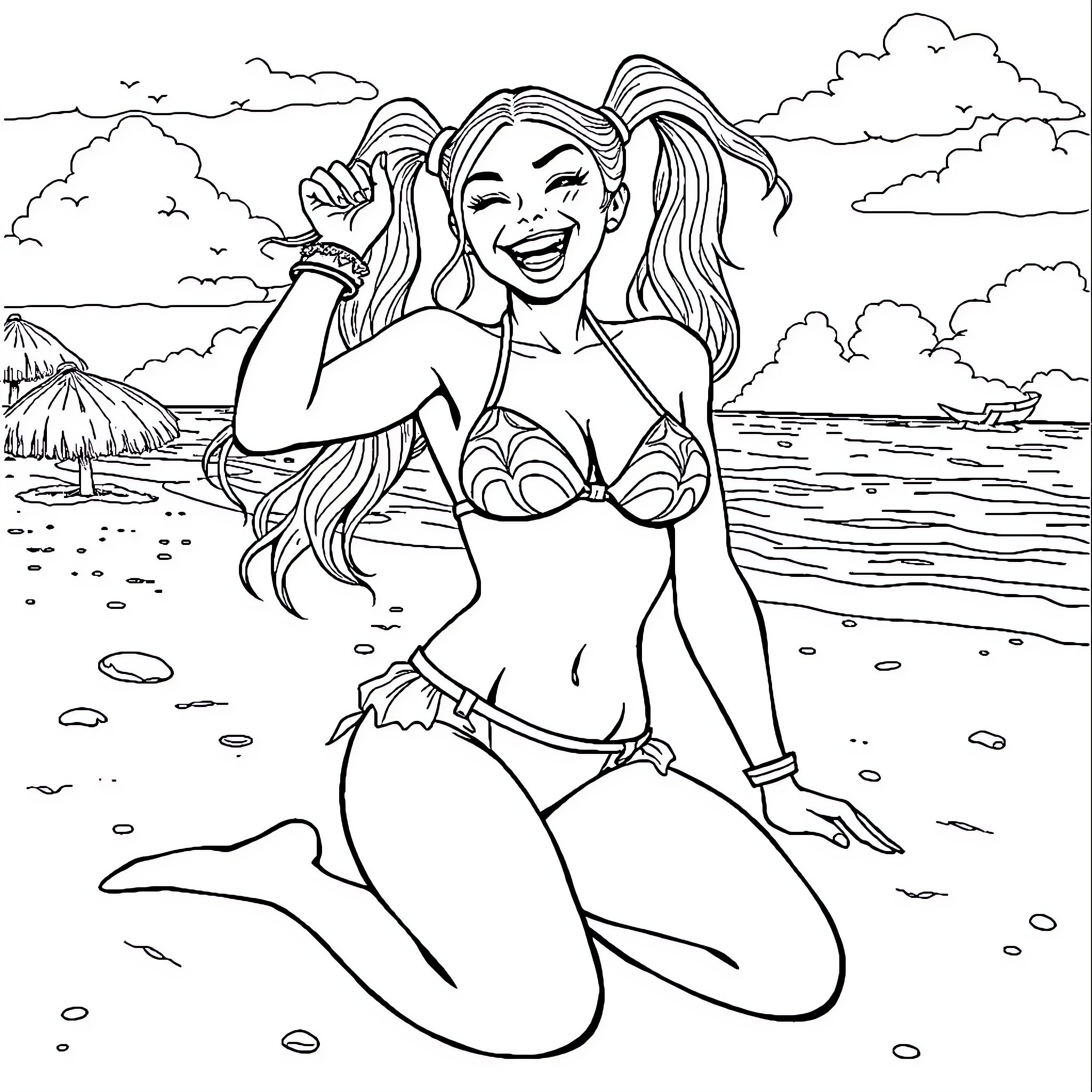Harley Queen enjoying the beach and waves Coloring Page (free black-and-white line drawing printable PDF for all, from beginners to advanced learners, including children, teens, adults, and seniors)