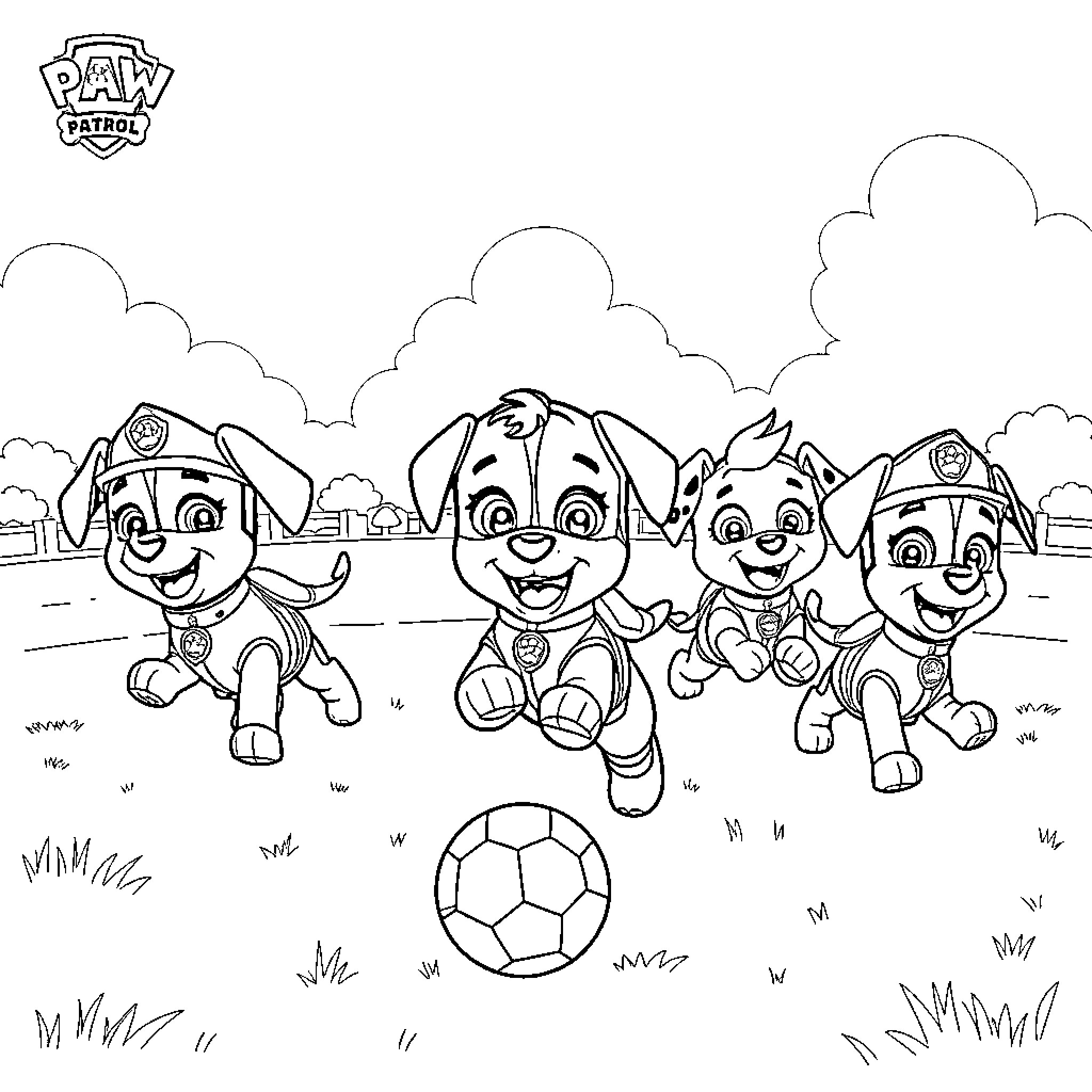 Paw Patrol characters playing soccer together Coloring Page (free black-and-white line drawing printable PDF for all, from beginners to advanced learners, including children, teens, adults, and seniors)