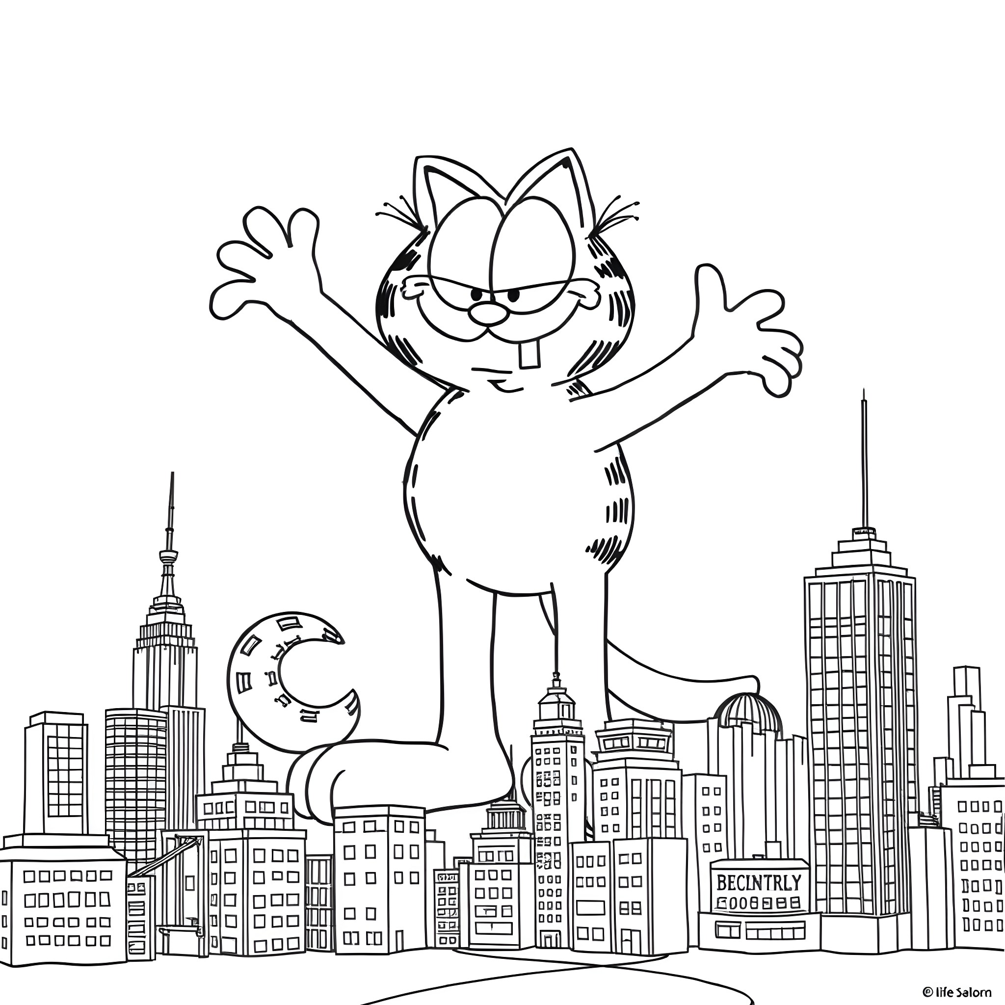 Garfield celebrating in the city skyline Coloring Page (free black-and-white line drawing printable PDF for all, from beginners to advanced learners, including children, teens, adults, and seniors)