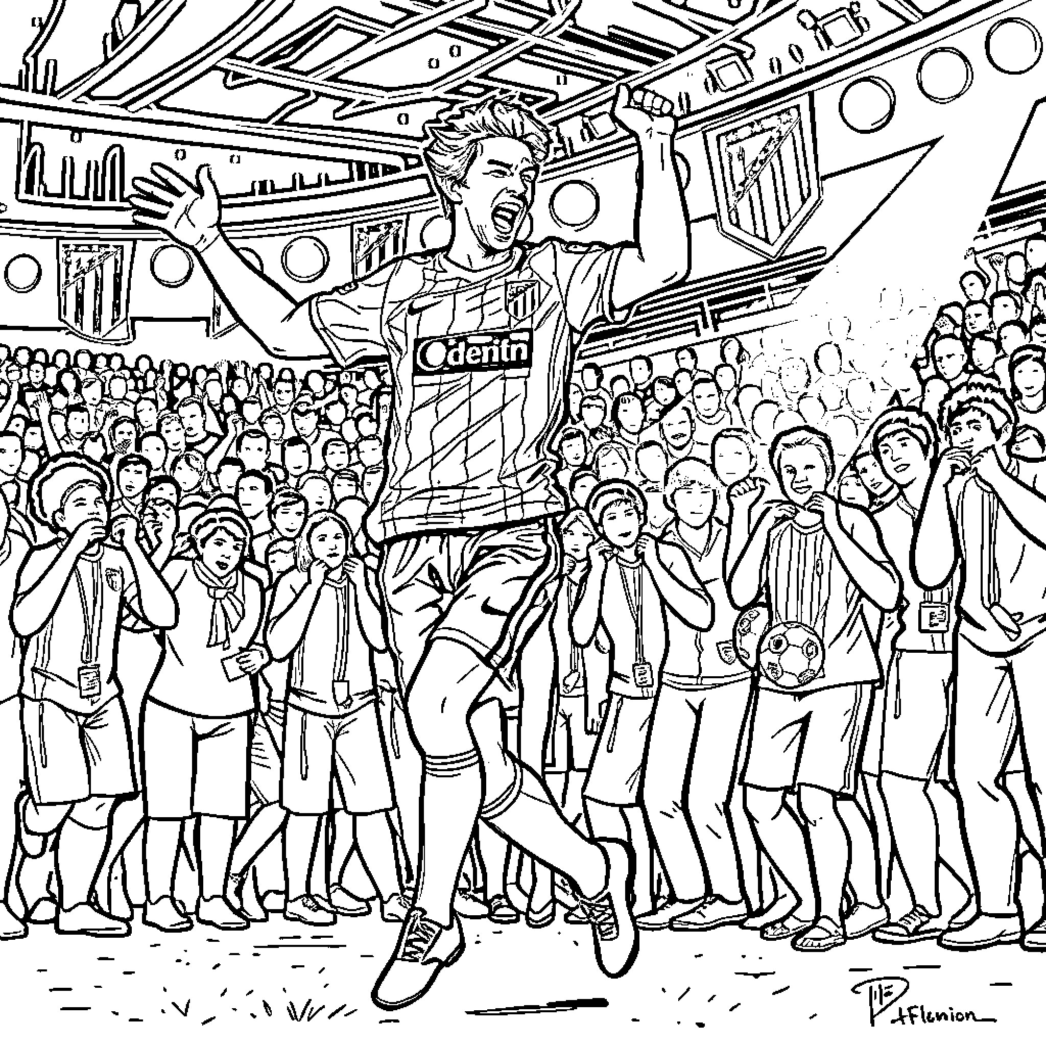 Griezmann celebrating victory with fans in stadium Coloring Page (free black-and-white line drawing printable PDF for all, from beginners to advanced learners, including children, teens, adults, and seniors)