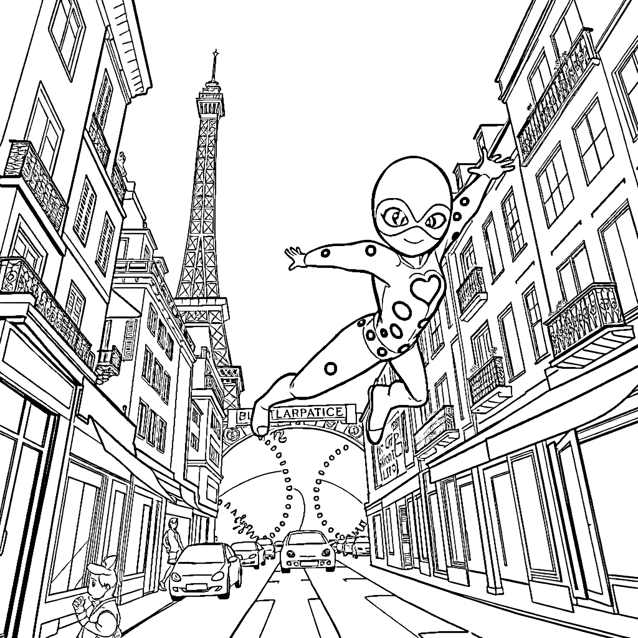 Ladybug Soaring Over Parisian Street Scene Coloring Page (free black-and-white line drawing printable PDF for all, from beginners to advanced learners, including children, teens, adults, and seniors)