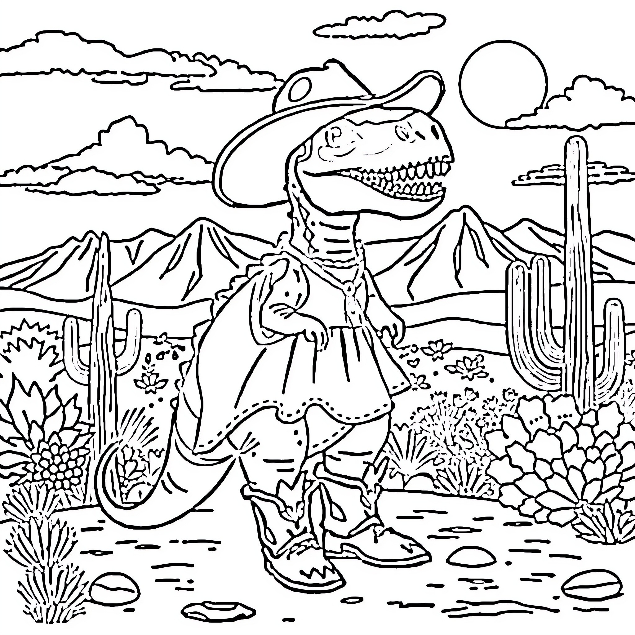 Dinosaur cowboy in the desert landscape Coloring Page (free black-and-white line drawing printable PDF for all, from beginners to advanced learners, including children, teens, adults, and seniors)