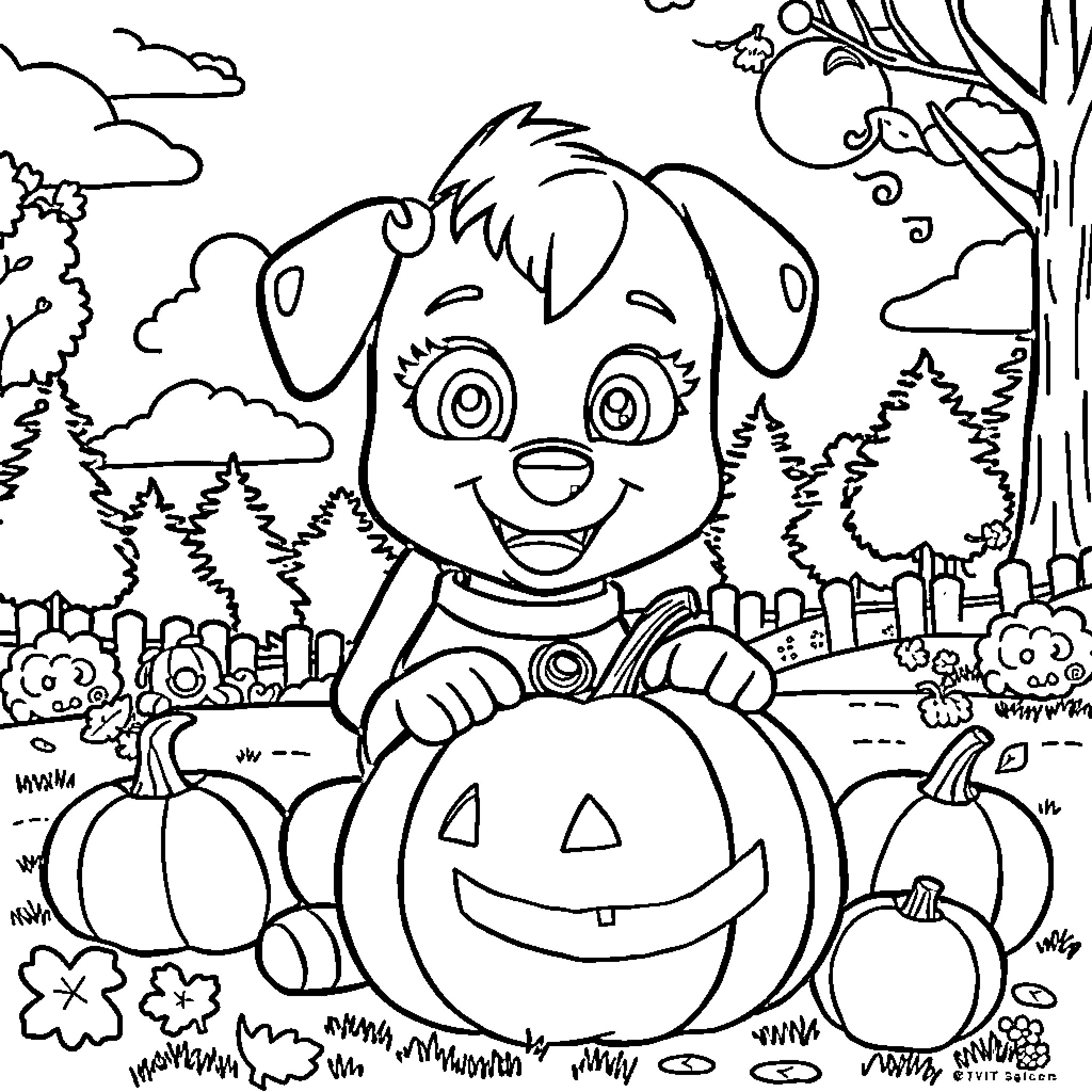 Skye's Spooky Halloween Celebration Coloring Page (free black-and-white line drawing printable PDF for all, from beginners to advanced learners, including children, teens, adults, and seniors)