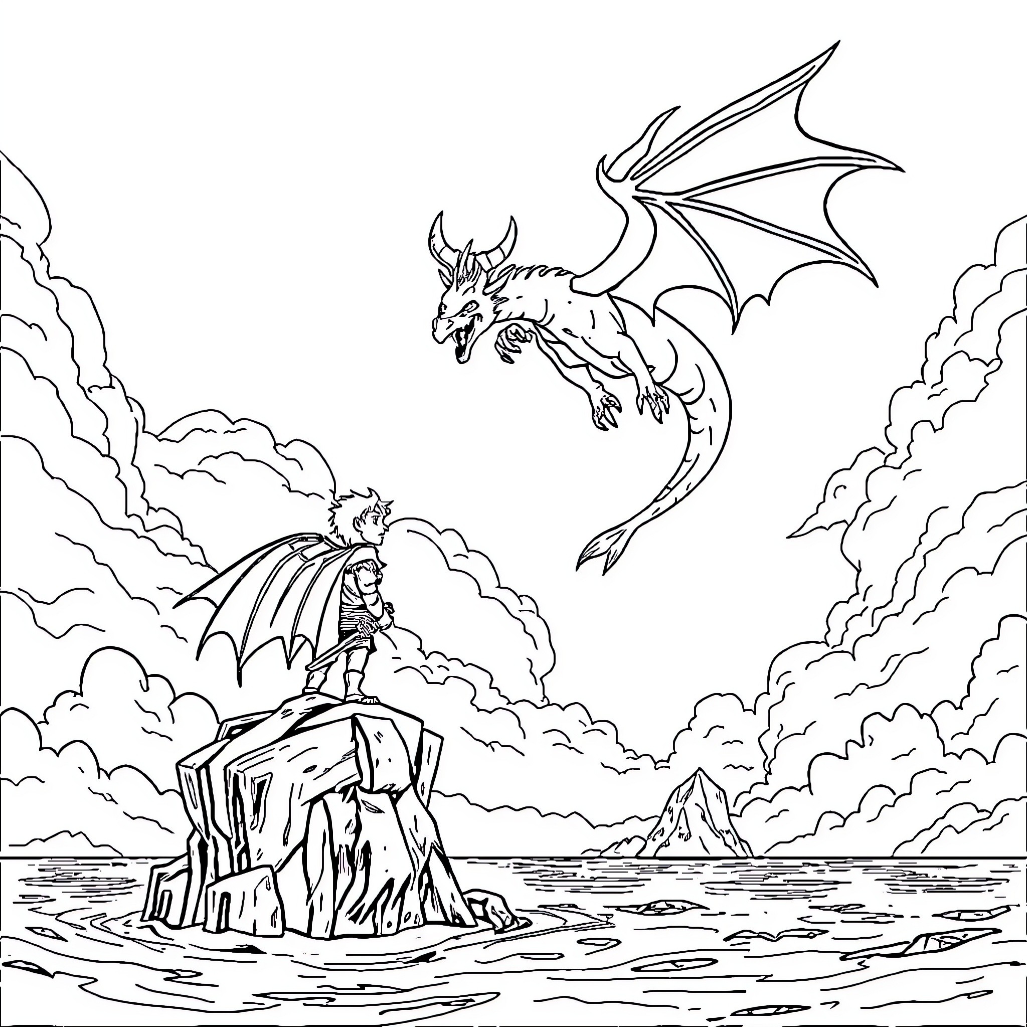 Herobrine encounters a formidable dragon in the sky Coloring Page (free black-and-white line drawing printable PDF for all, from beginners to advanced learners, including children, teens, adults, and seniors)