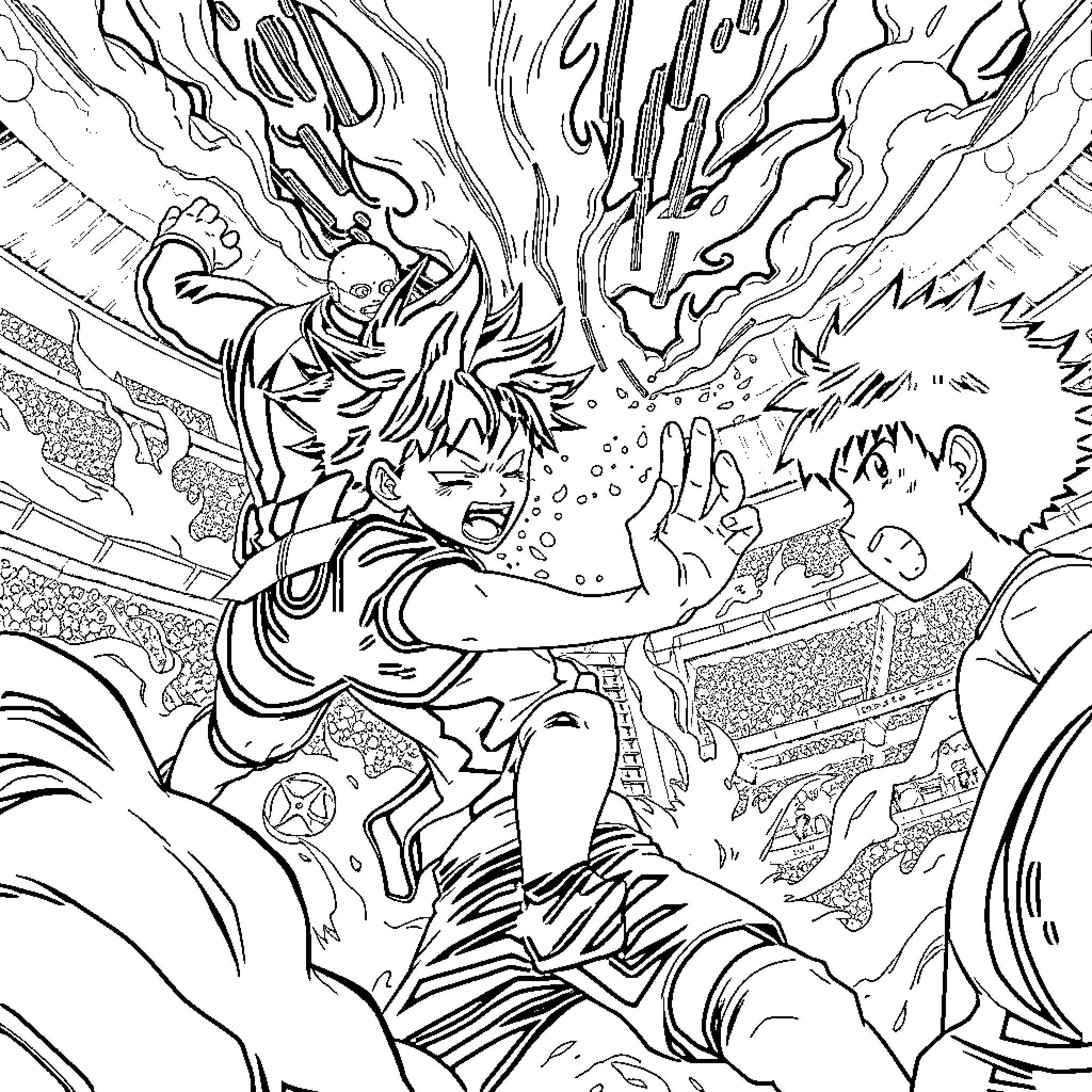 Izuku Midoriya's heroic battle in an intense scene Coloring Page (free black-and-white line drawing printable PDF for all, from beginners to advanced learners, including children, teens, adults, and seniors)
