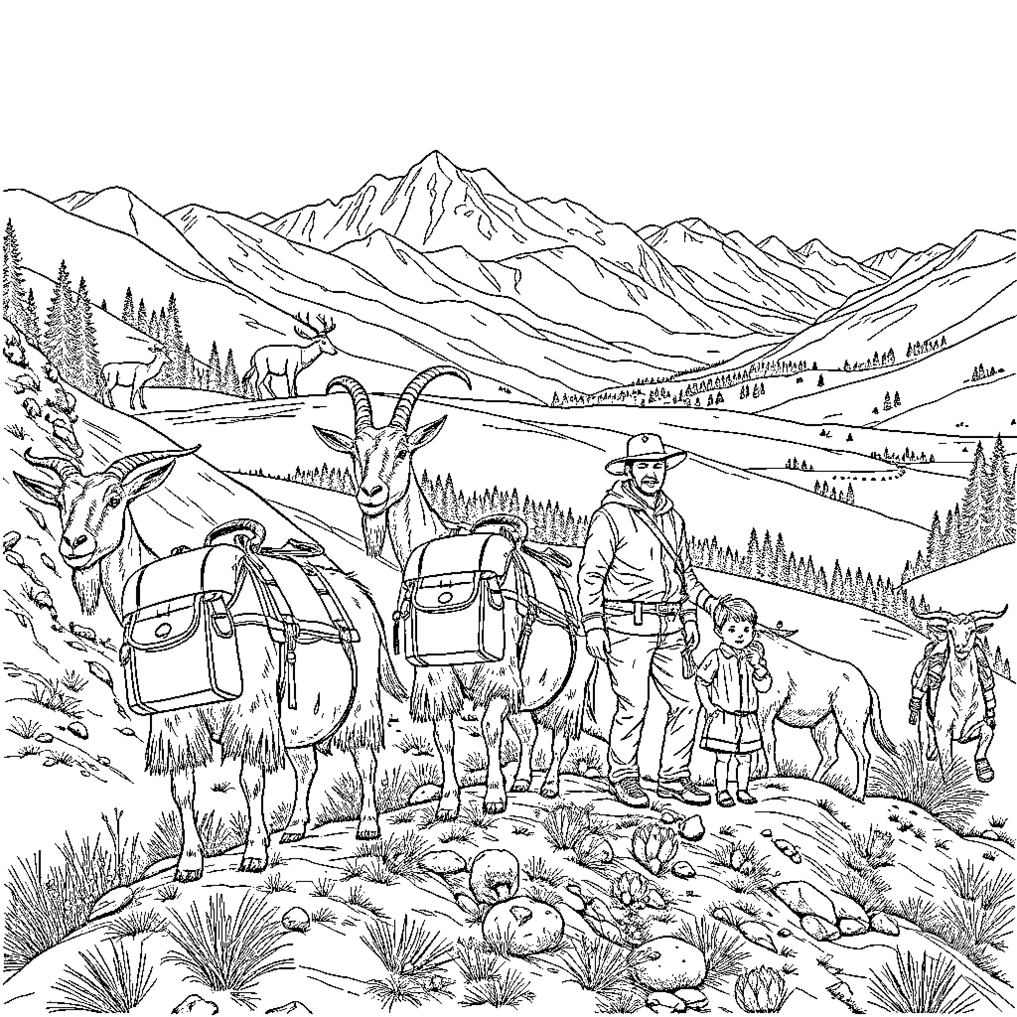Goats grazing with hikers in the mountain landscape Coloring Page (free black-and-white line drawing printable PDF for all, from beginners to advanced learners, including children, teens, adults, and seniors)