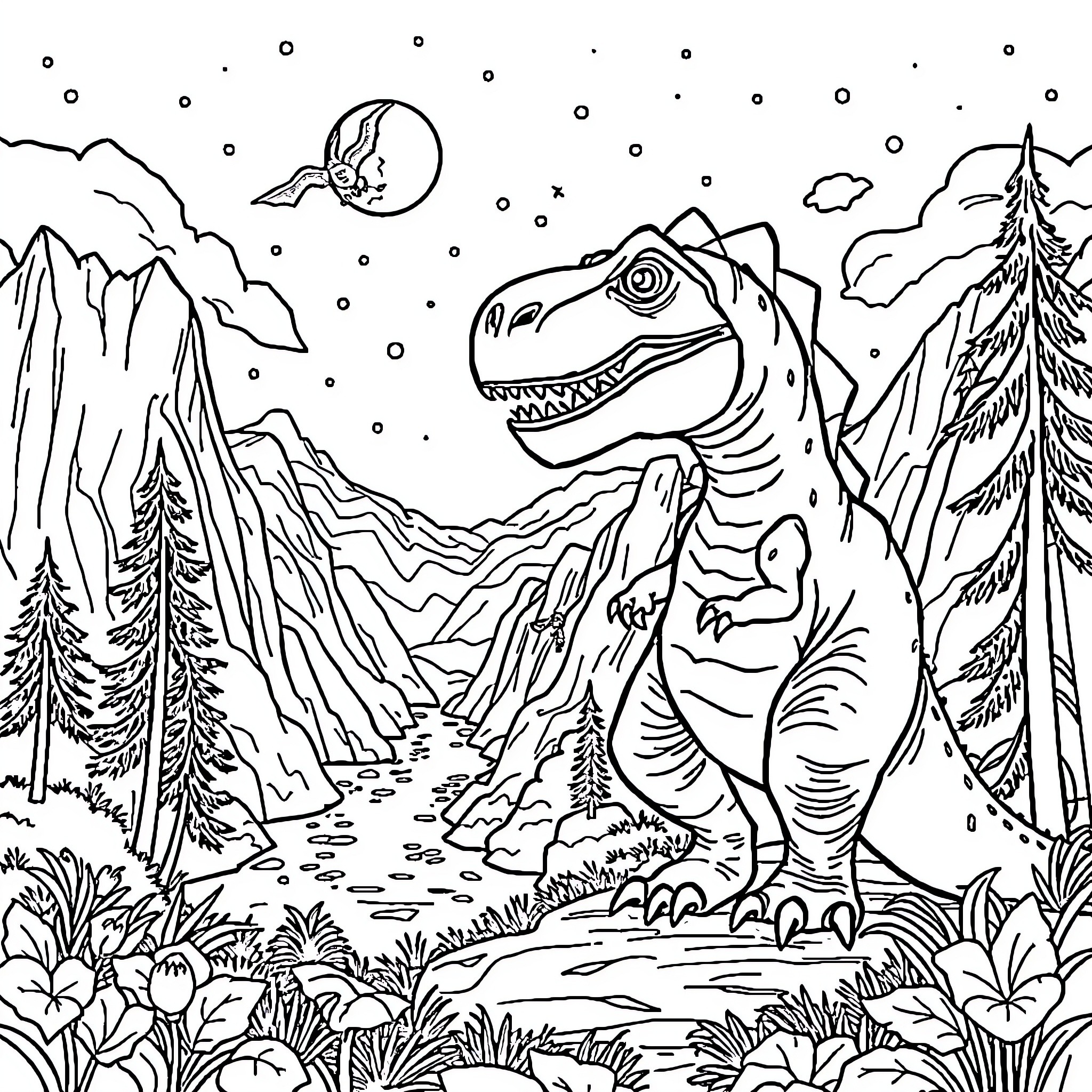 Tchoupi's Prehistoric Adventure Coloring Page (free black-and-white line drawing printable PDF for all, from beginners to advanced learners, including children, teens, adults, and seniors)