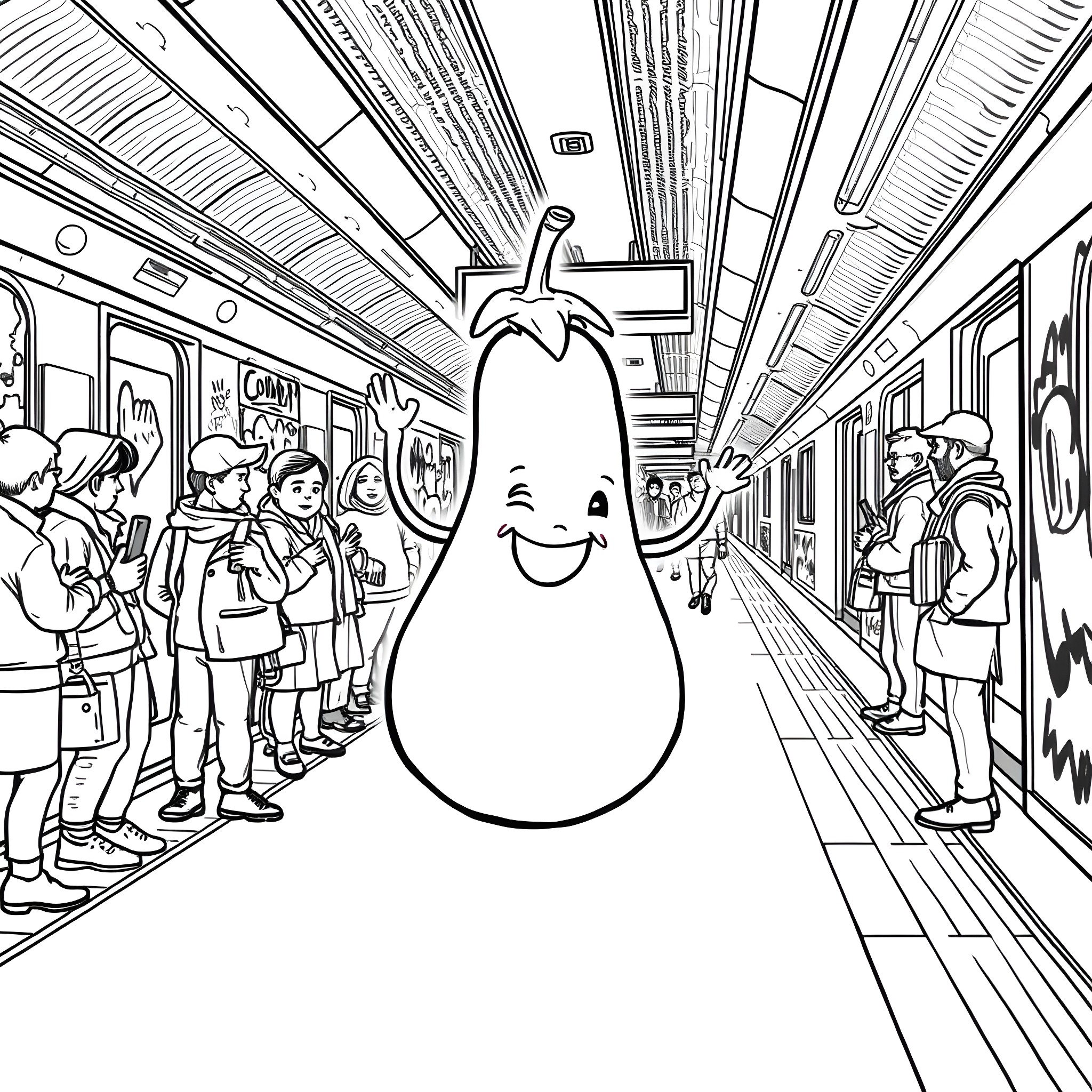 Eggplant riding the subway with passengers Coloring Page (free black-and-white line drawing printable PDF for all, from beginners to advanced learners, including children, teens, adults, and seniors)