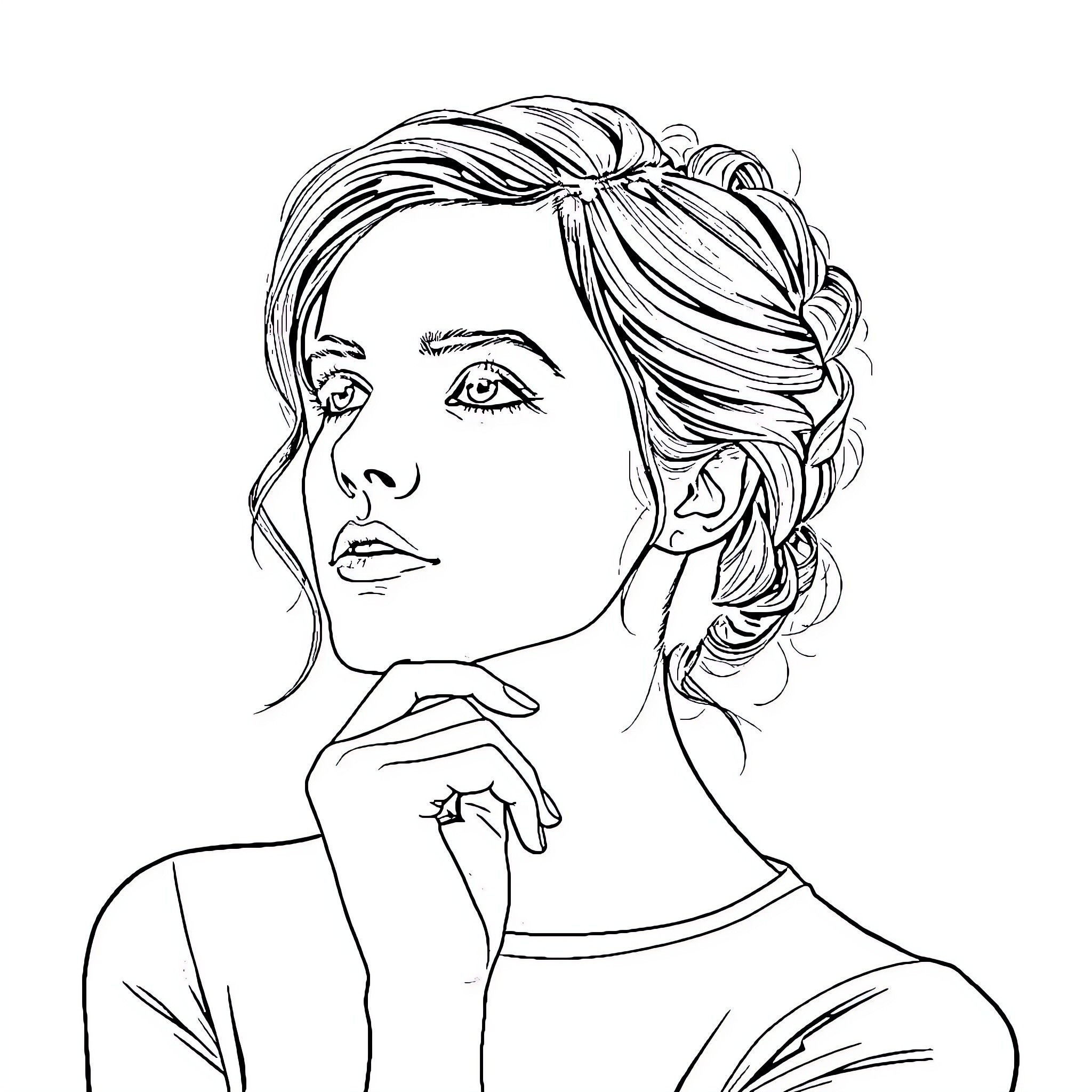 Emma Watson in thoughtful contemplation Coloring Page (free black-and-white line drawing printable PDF for all, from beginners to advanced learners, including children, teens, adults, and seniors)